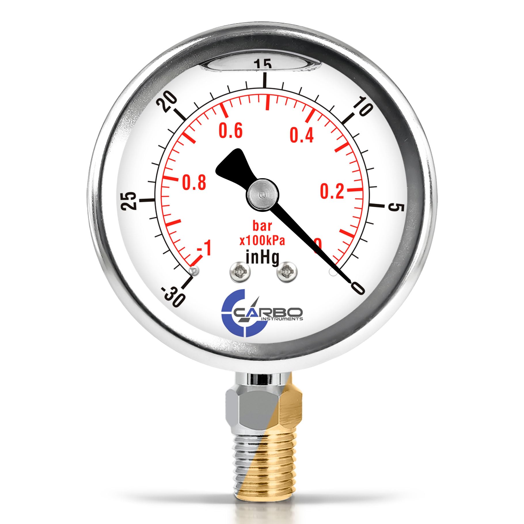CARBO Instruments Vacuum Pressure Gauge 0 to -30 inHg, Glycerin Liquid Filled, 2.5" Dial, 1/4 NPT Lower Mount, 304 Stainless Steel Case, Brass Wetted Parts, Dual Scale inHg/Bar - ASME B40.1 Grade A