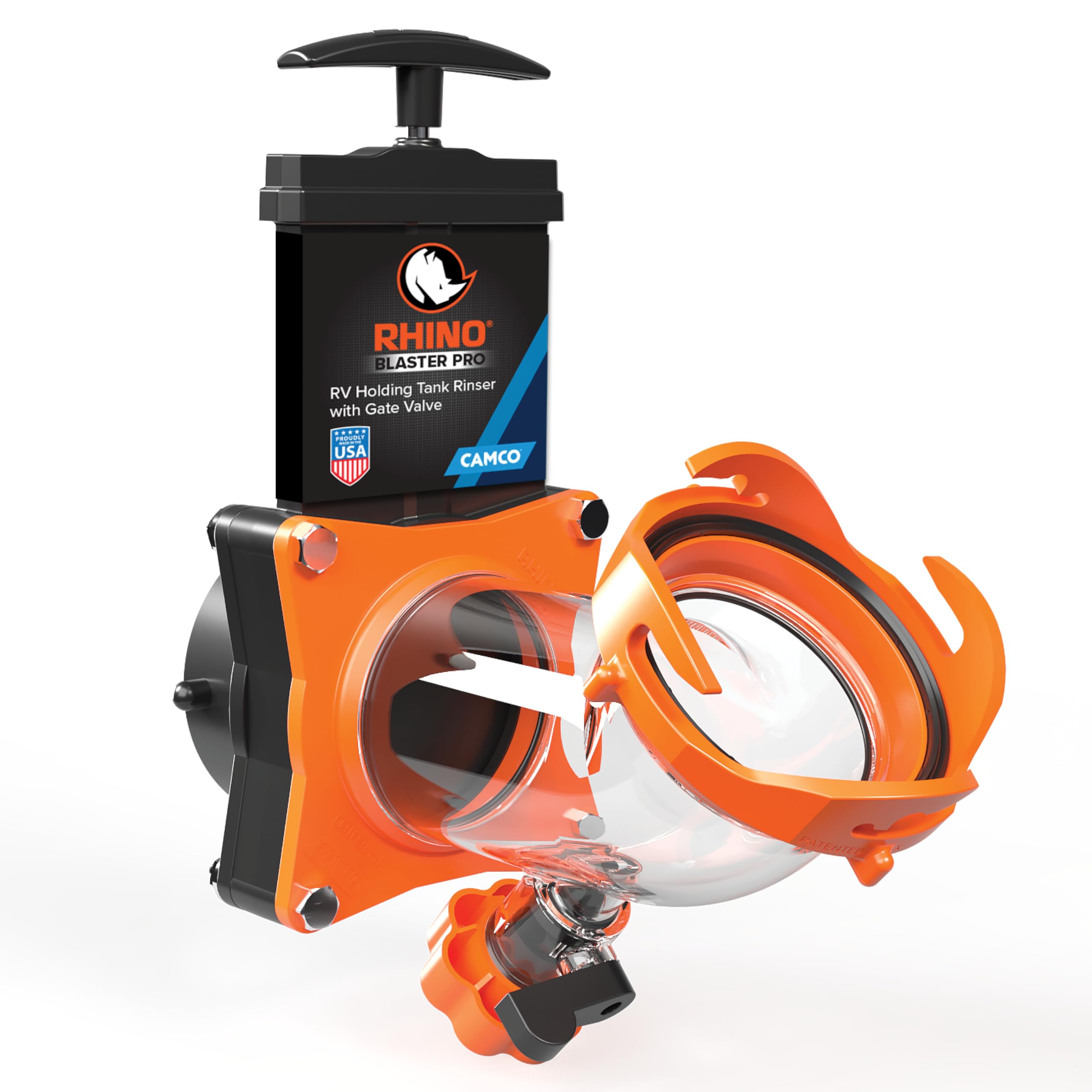 Camco Rhino Blaster RV Tank Rinser with Gate Valve & Backflow Preventer - RV Accessories for Waste Tank Cleaning - Essential Camper Supplies for Odor Control and Sensor Maintenance - (39086)
