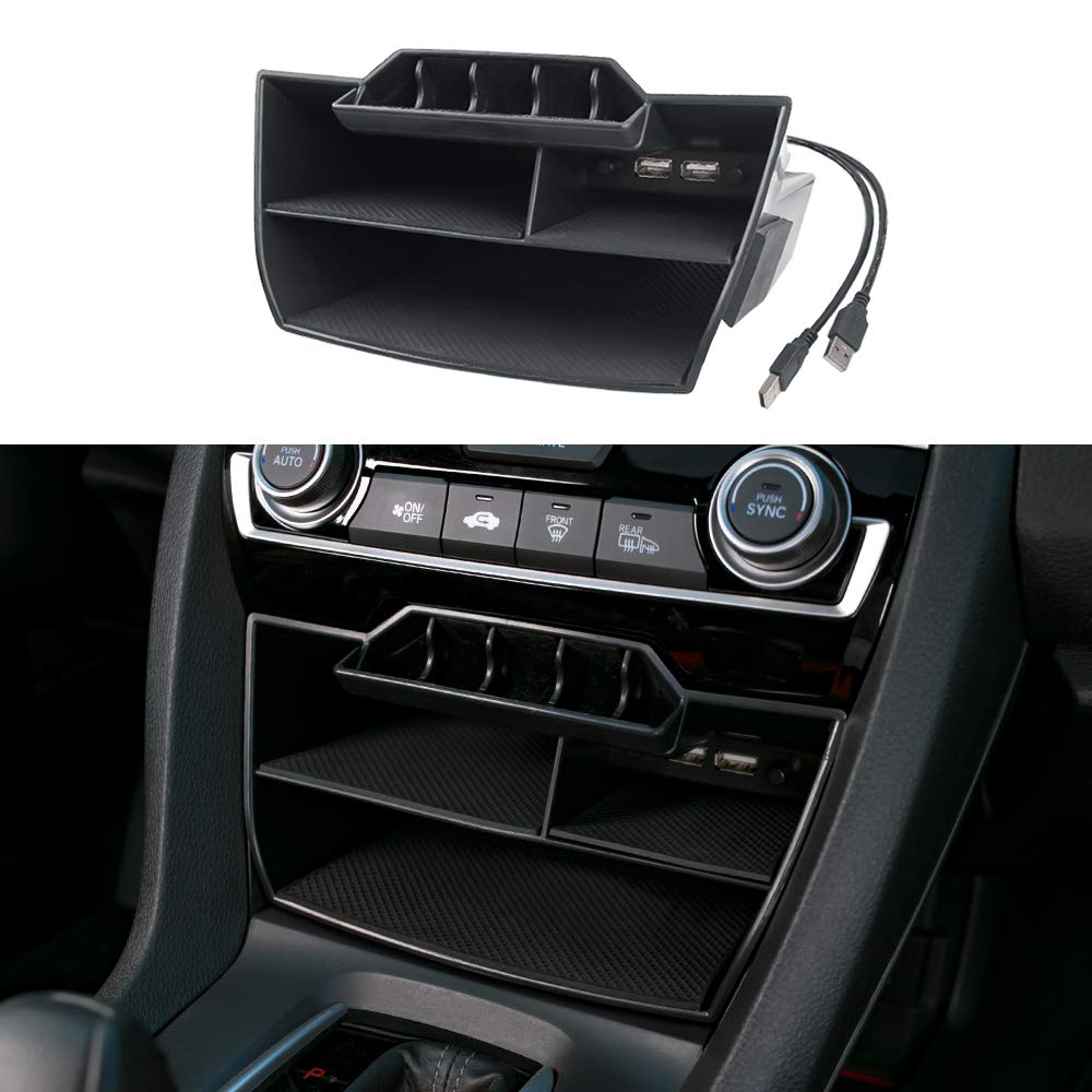 Thenice for 10th Gen Civic Central Console Storage Box Coins Trays Cards Organizer with USB Extension Cable Compatible with Honda Civic 2016 2017 2018 2019 2020 2021