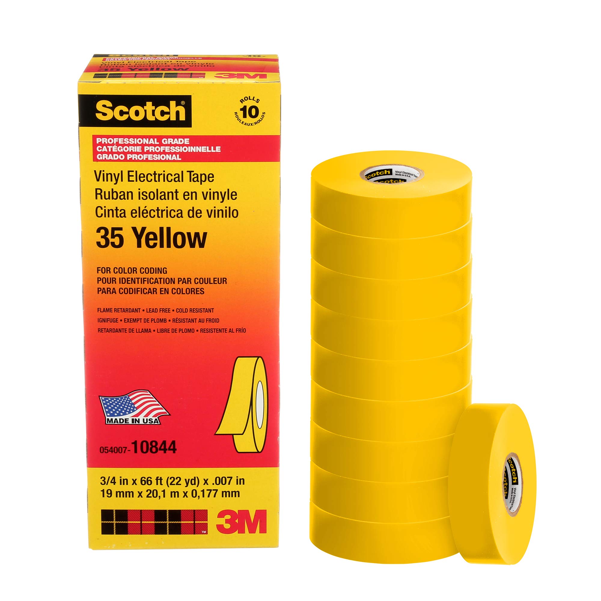 3M Scotch Electrical Tape 35, 3/4 in x 66 ft, 10 Rolls, Yellow