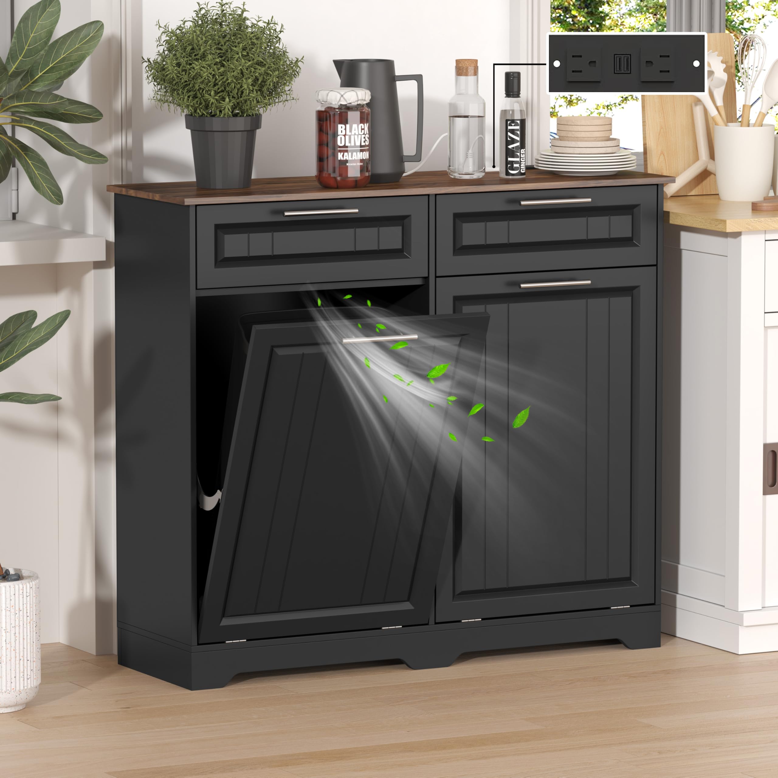 Double 10 Gallon Tilt Out Trash Can Cabinet with Deodorizing Function and Power Outlet, Wooden Hidden Garbage Can Holder with 2 Storage Drawers for Kitchen, Laundry Hamper Cabinet for Bathroom, Black