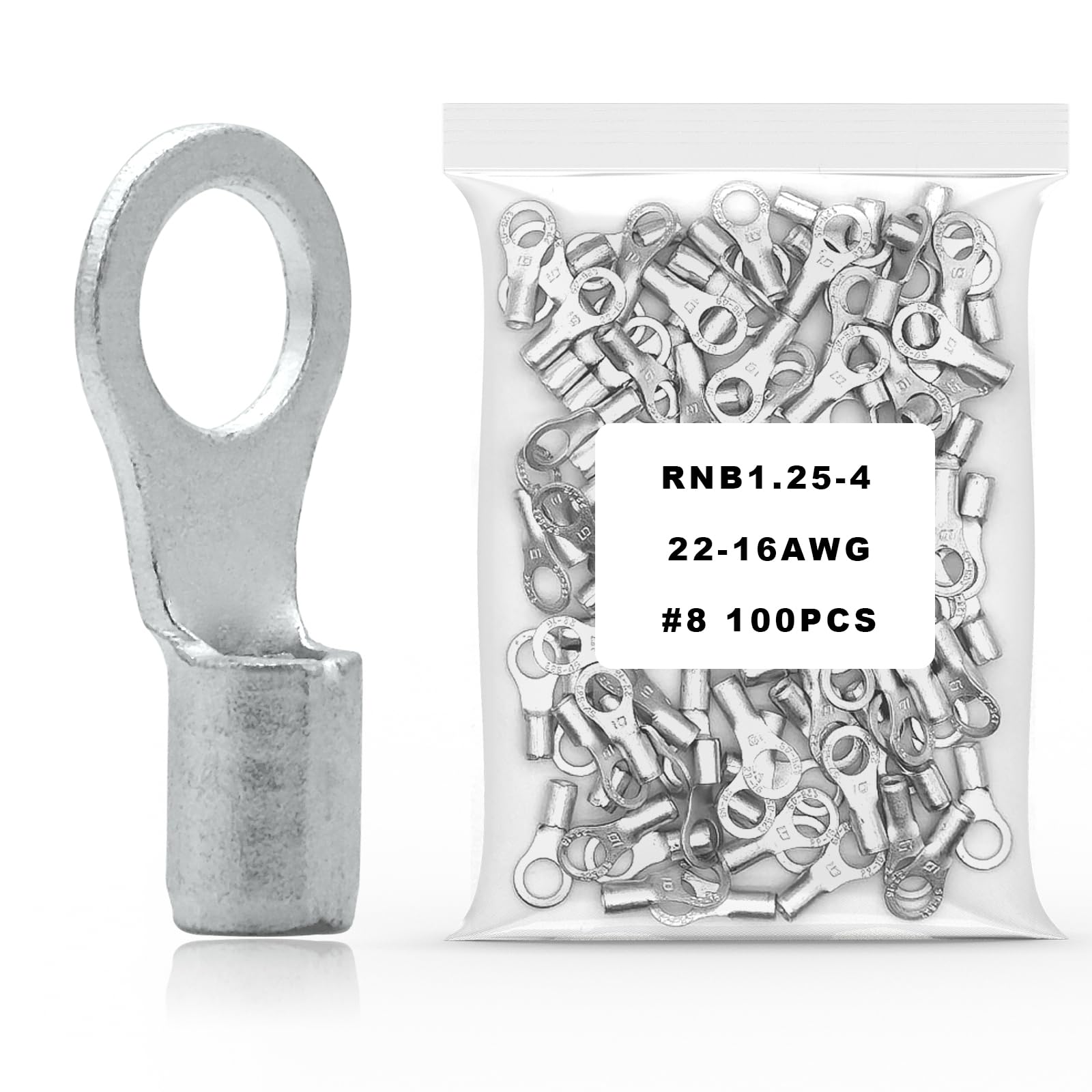 100Pcs #8 Non-Insulated Ring Terminal,22-16 AWG Red Copper Wire Connectors,O-Type Crimp Connector Terminal Kit