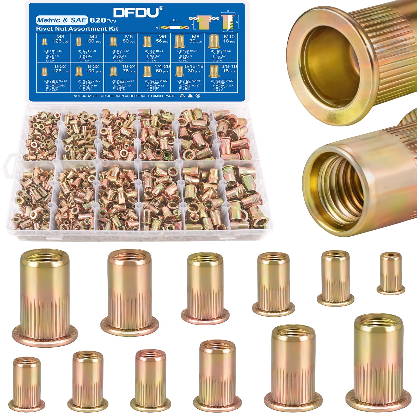 DFDU 820Pcs Rivnut Assortment Kit, Metric & SAE Rivet Nut M3 M4 M5 M6 M8 M10#6-32#8-32#10-24 1/4"-20 5/16"-18 3/8"-16 Zinc Plated Carbon Steel Nutsert Flat Head Threaded Inserts for Metal Furniture