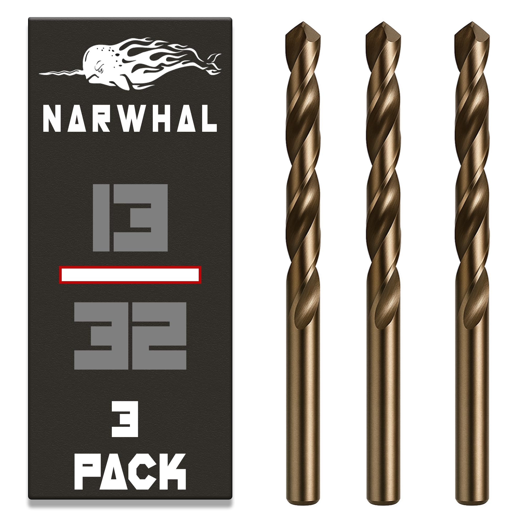 Narwhal 13/32 Inch Cobalt Drill Bits (3 Pack - Industrial Grade M35 Cobalt) 5-1/4" Length & 135 Degree Split Point for Drilling Into Metal, Hardened & Stainless Steel, Cast Iron, & More!