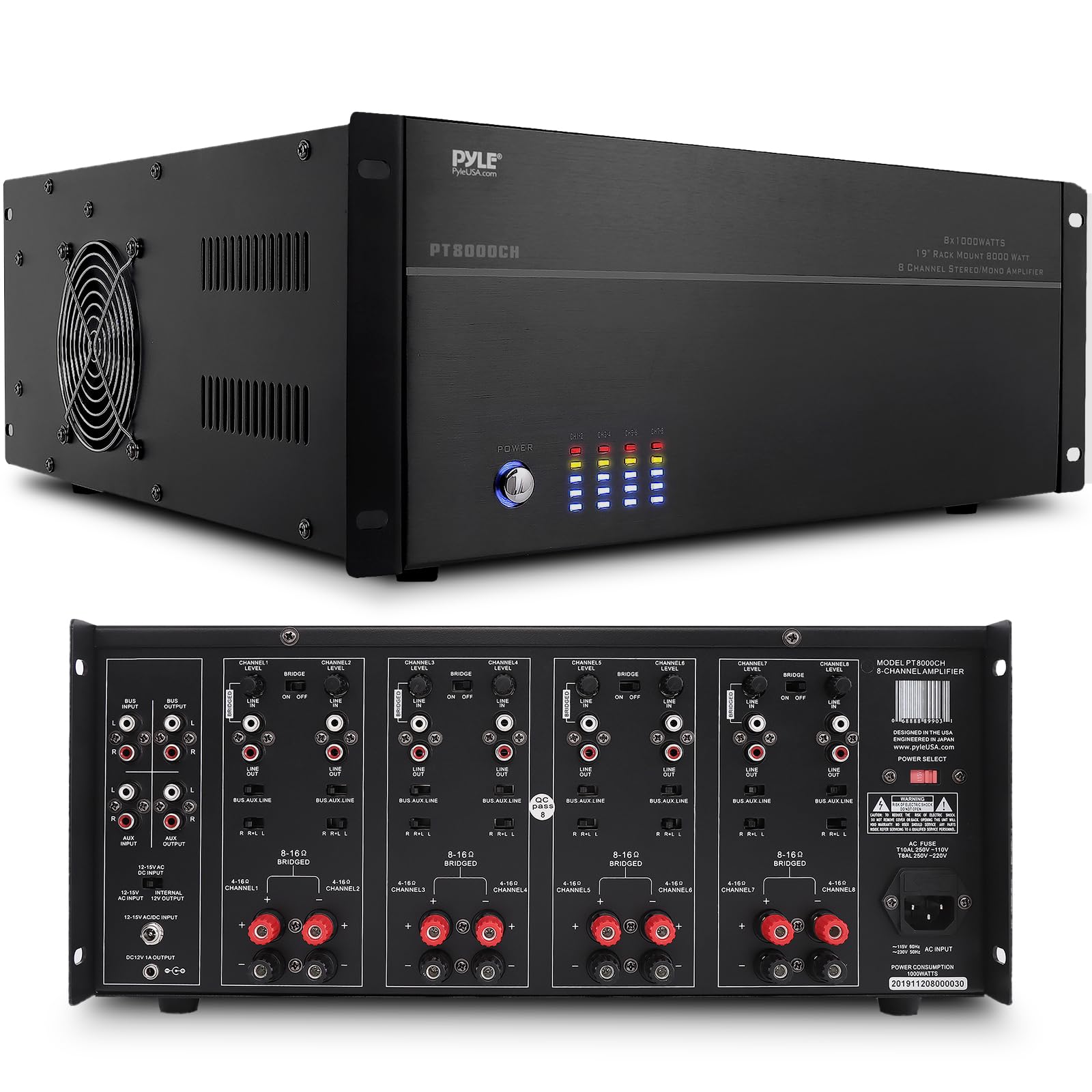 Pyle PT8000CH 19'' Rack Mount 8000 Watt 8 Channel Stereo/Mono Amplifier