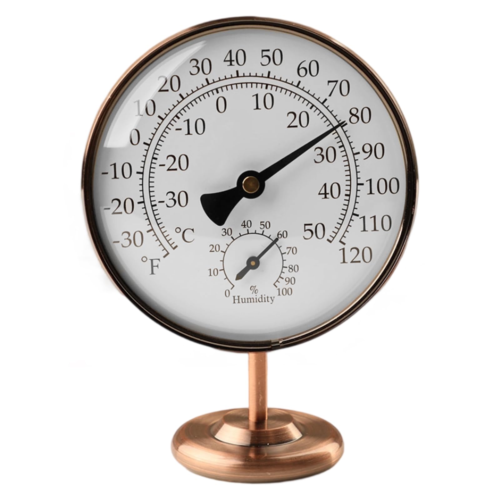 Foxyoo 4-Inch Indoor Thermometer and Humidity Gauge, Room Analog Temperature and Humidity Monitor, Dual Scale Display, Brass Dial with Stand, Battery-Free for House, Home, Desk, Bedroom, Garage, RV
