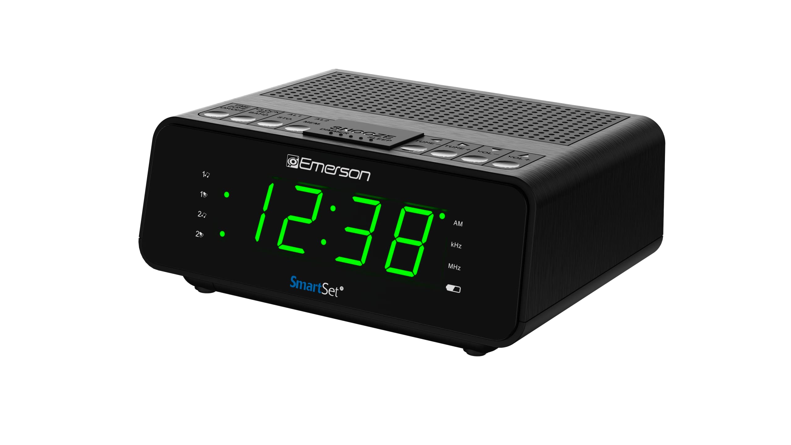 Emerson CKS1900 SmartSet Dual Alarm Clock Radio with AM/FM Digital Tuning, Auto Time Setting, 20 Presets, Jade Green LED Display, Snooze, Sleep Timer & Battery Backup