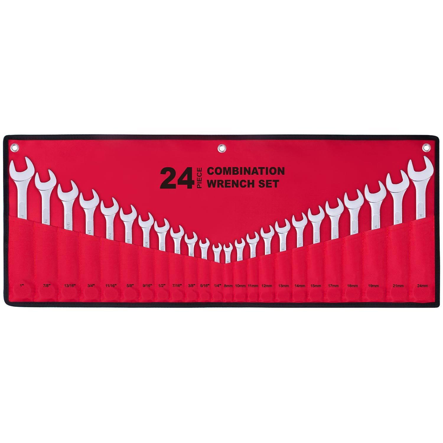 24-Piece All-Purpose Master Combination Wrench Set with Roll-up Pouch | SAE 1/4” to 1”, Metric 8mm to 24mm | Perfect for General Household, Garage, Auto Repairs, Car, Truck, Boat, and Travel Emergency
