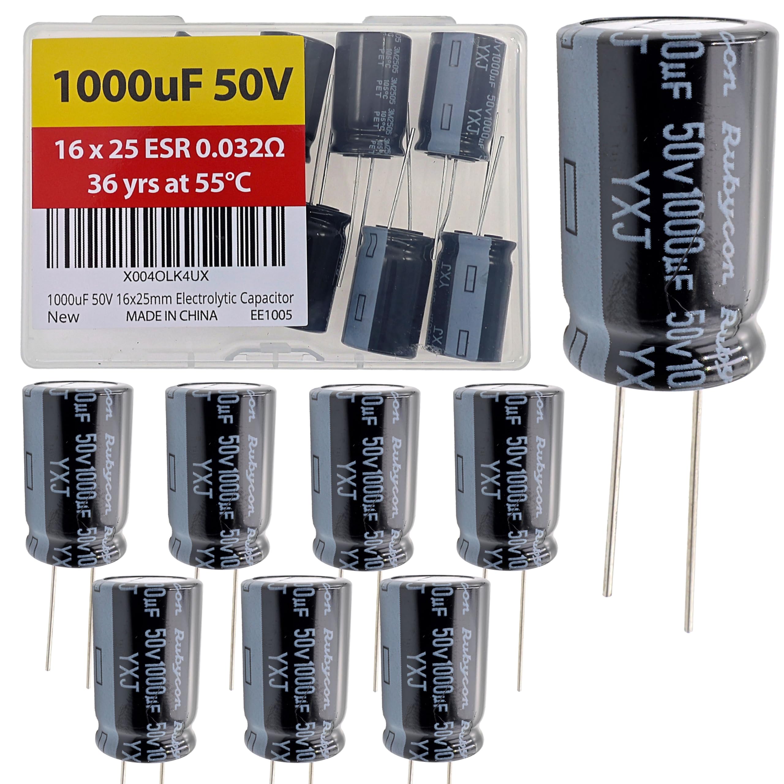 1000uF 50V 16x25mm Rubycon Electrolytic Capacitor Low ESR 0.032Ω Long Life 36yrs at 55 Degree C mfd mircofarad Micro Farad Radial Lead Aluminum Capacitors (Pack of 8)