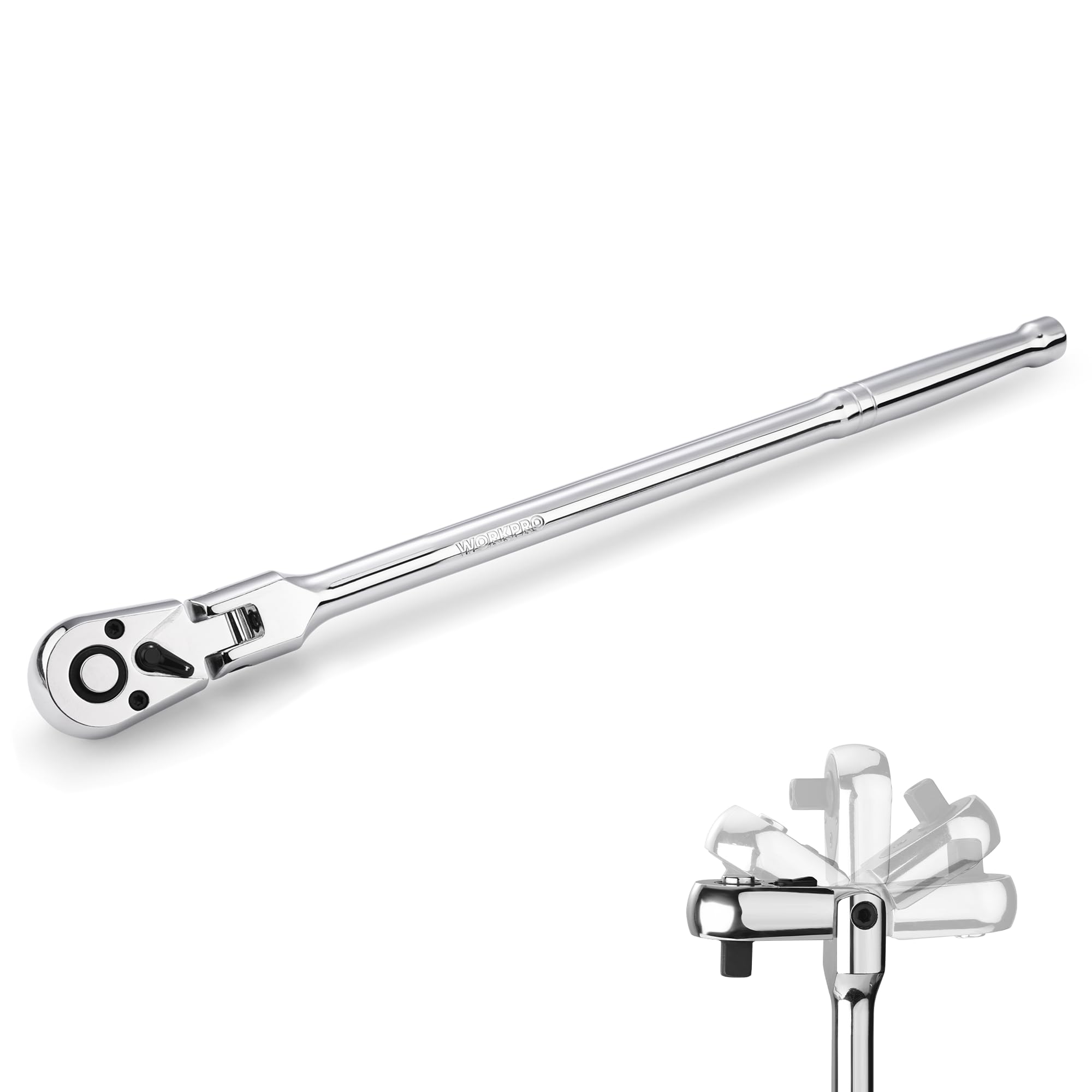 WORKPRO 1/4 inch Drive Extra Long Flex Head Ratchet, 12 Inch Long CR-V Steel Ratchet Handle with Chromium Plating, CR-MO Head, Quick Release Reversible Design, 72-Tooth