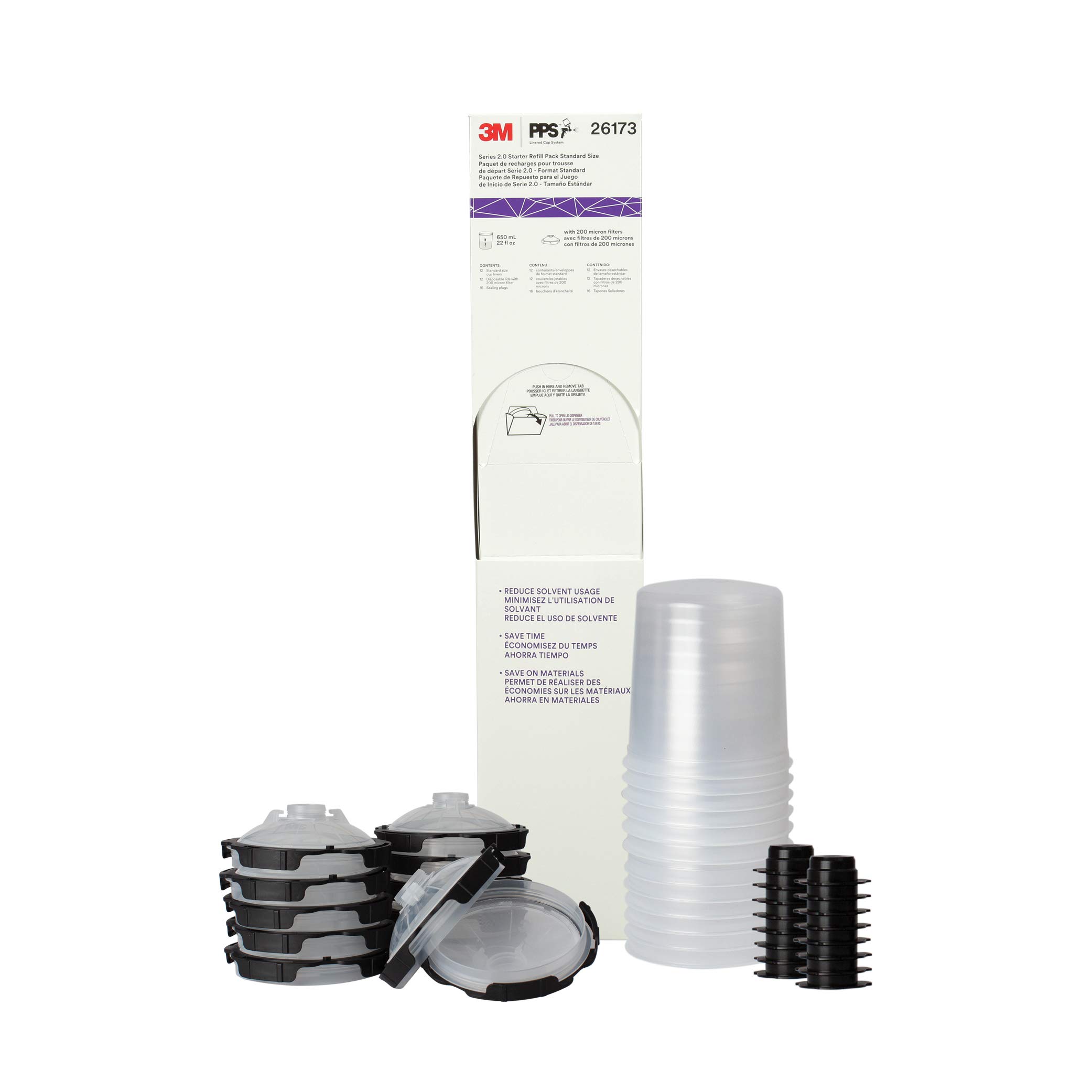 3M PPS 2.0 Paint Spray Gun System Refill Kit with Lids and Liners, 26173, Standard, 22 Ounces, 200-Micron Filter, Use for Cars, Furniture, Home and more,12 Disposable Lids and Liners,16 Sealing Plugs,