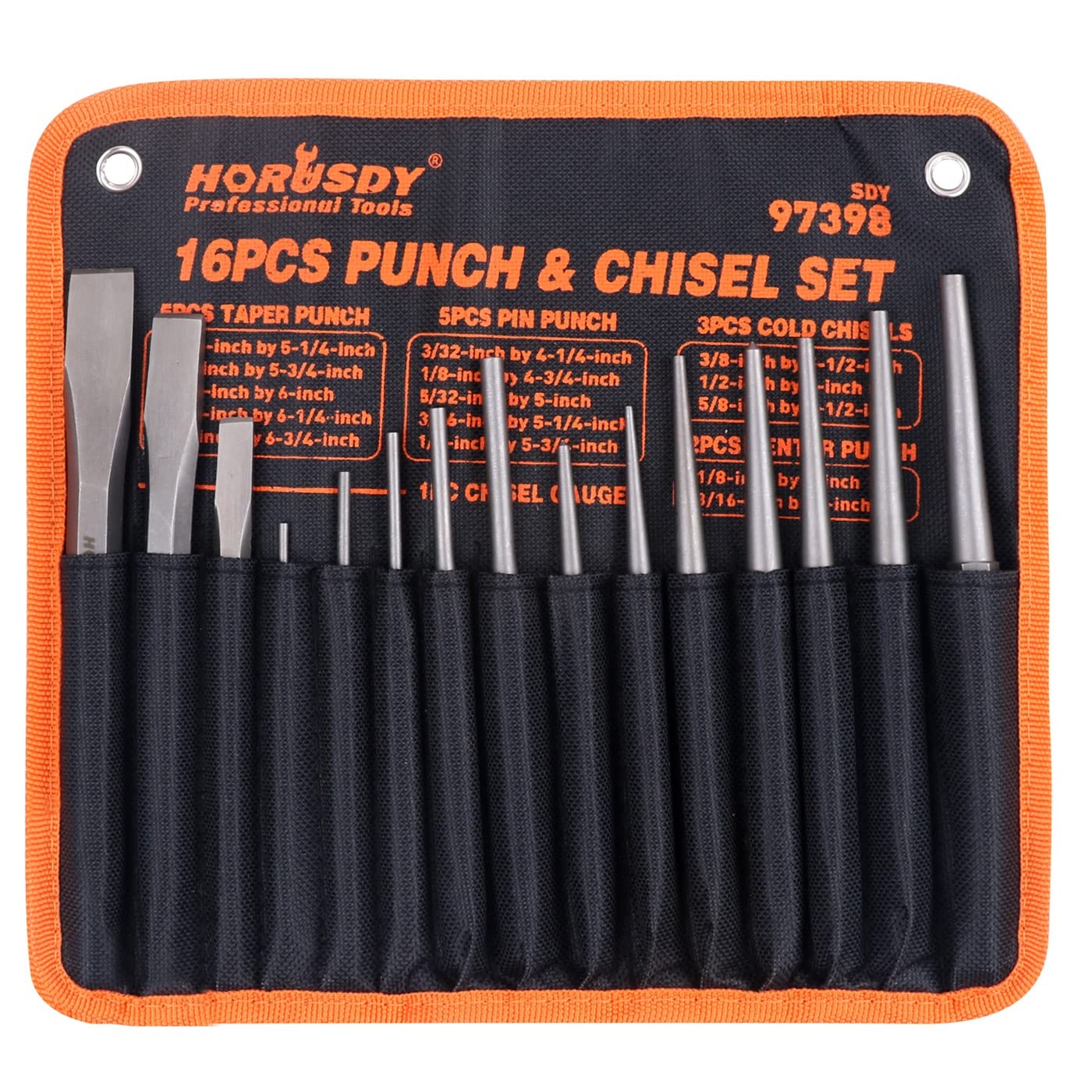 HORUSDY 16-Piece Punch and Chisel Set, Including Taper, Cold Chisels, Pin, Center