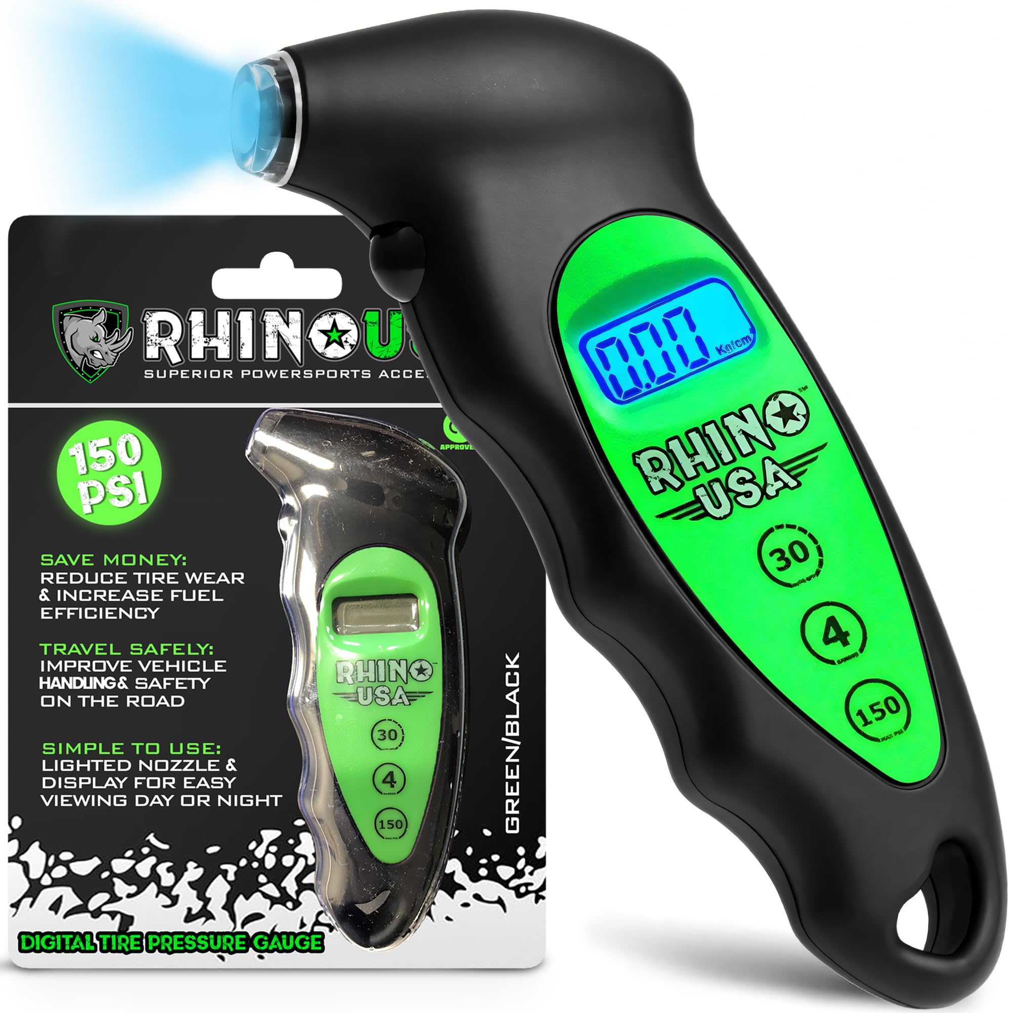 Rhino USA Digital Tire Pressure Gauge (150 PSI) - LCD Backlit Display