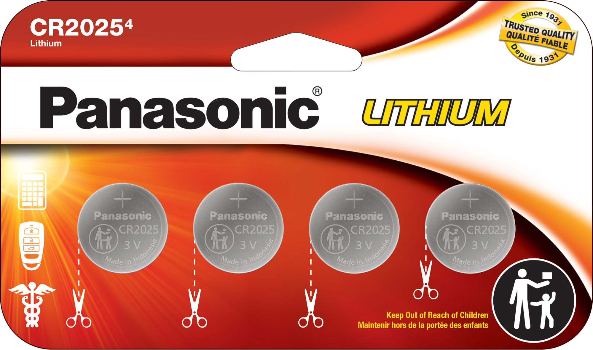 Panasonic CR2025 3.0 Volt Long Lasting Lithium Coin Cell Batteries in Child Resistant, Standards Based Packaging, 4 Pack