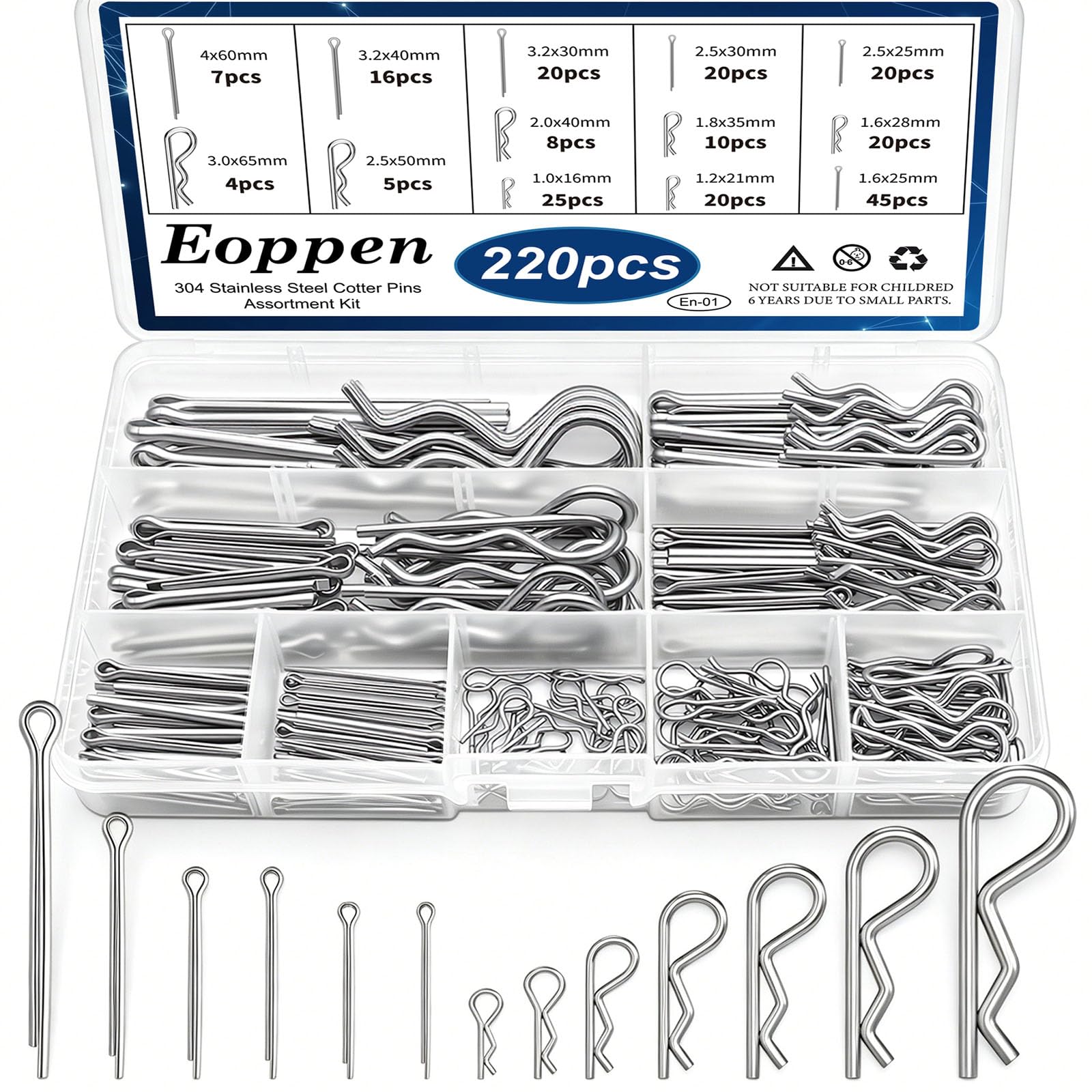 Eoppen 220Pcs Cotter Pins Assortment Kit 304 Stainless Steel 13 Sizes Cotter Pins & R Clips Cotter Pin Set for Hitch Pin Lock Systems