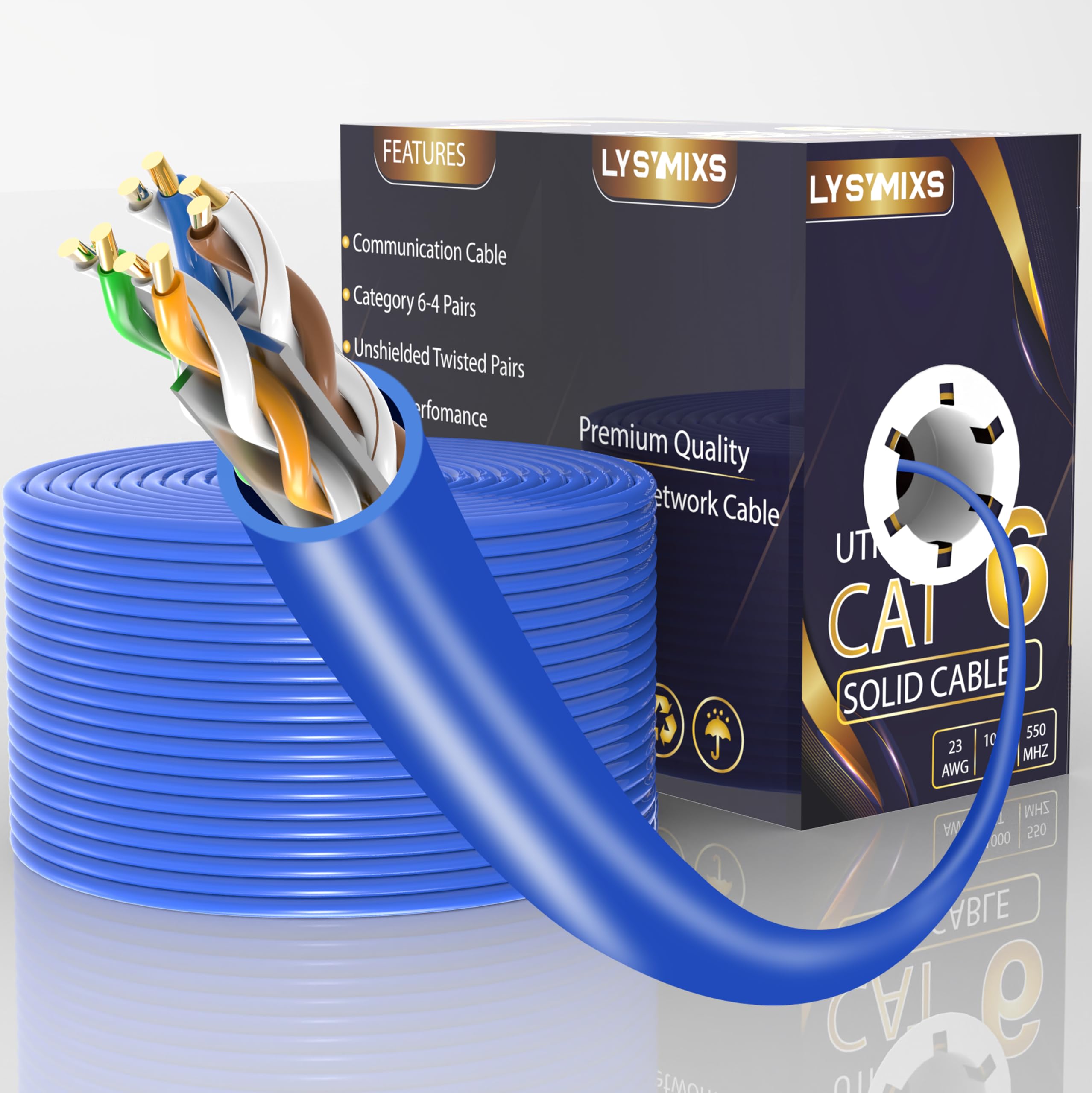 Lysymixs Cat6 Ethernet Cable 1000FT Channel Test Pass, Cat6 1000ft Ethernet Cable 23AWG Solid CCA, Cat6 Cable 550MHZ 10G with Easy Pull Box Blue
