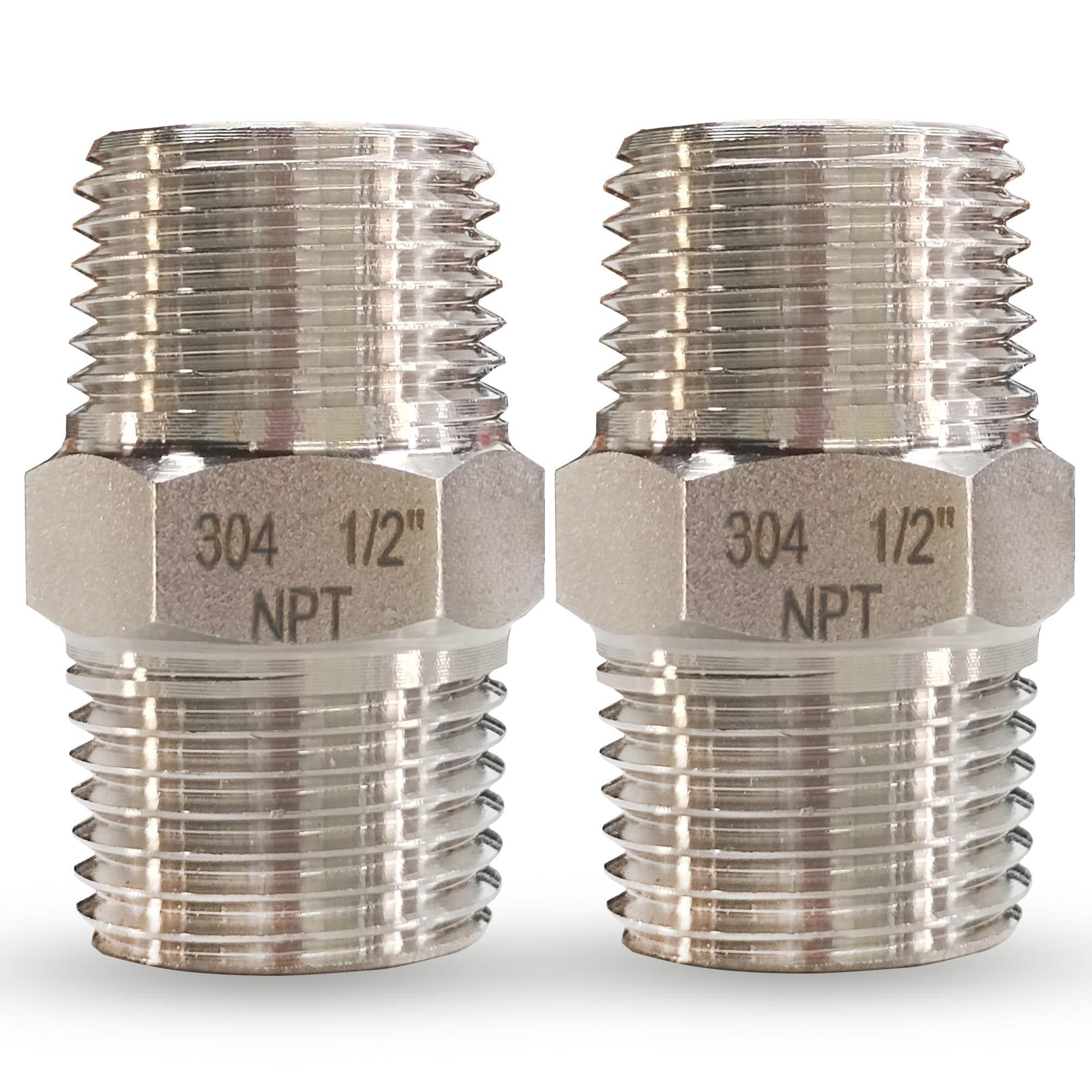 1/2" Male x 1/2" Male Hex Nipple Pipe Fittings, 304 Stainless Steel 1/2 inch NPT Male Threaded Pipe Adapter Fittings Equal Nipples Connectors, Male Straight Connector Pipe Fitting (1/2“, 2pcs)