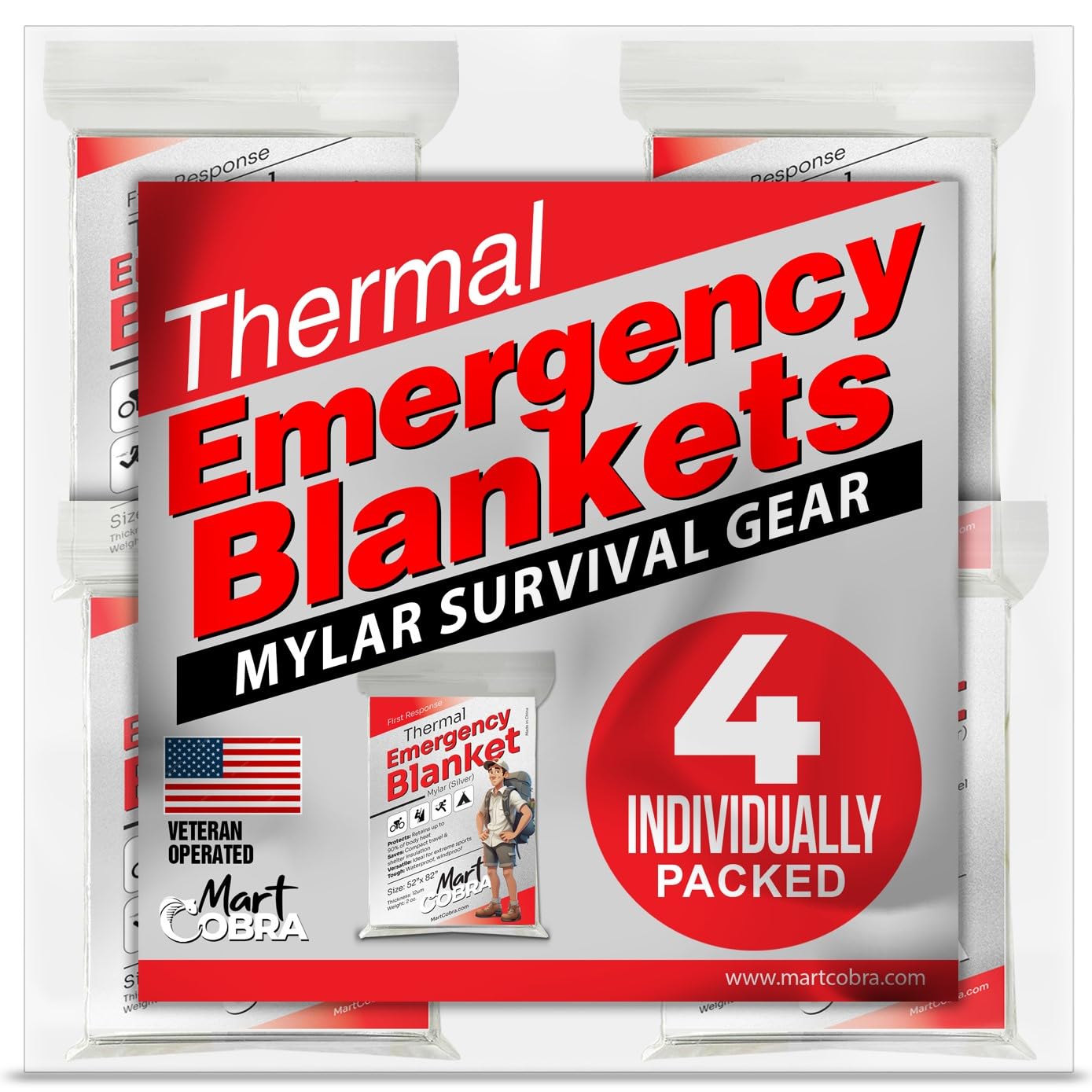 Emergency Blanket Mylar Thermal Space Survival Gear & Supplies 4-Pack Foil