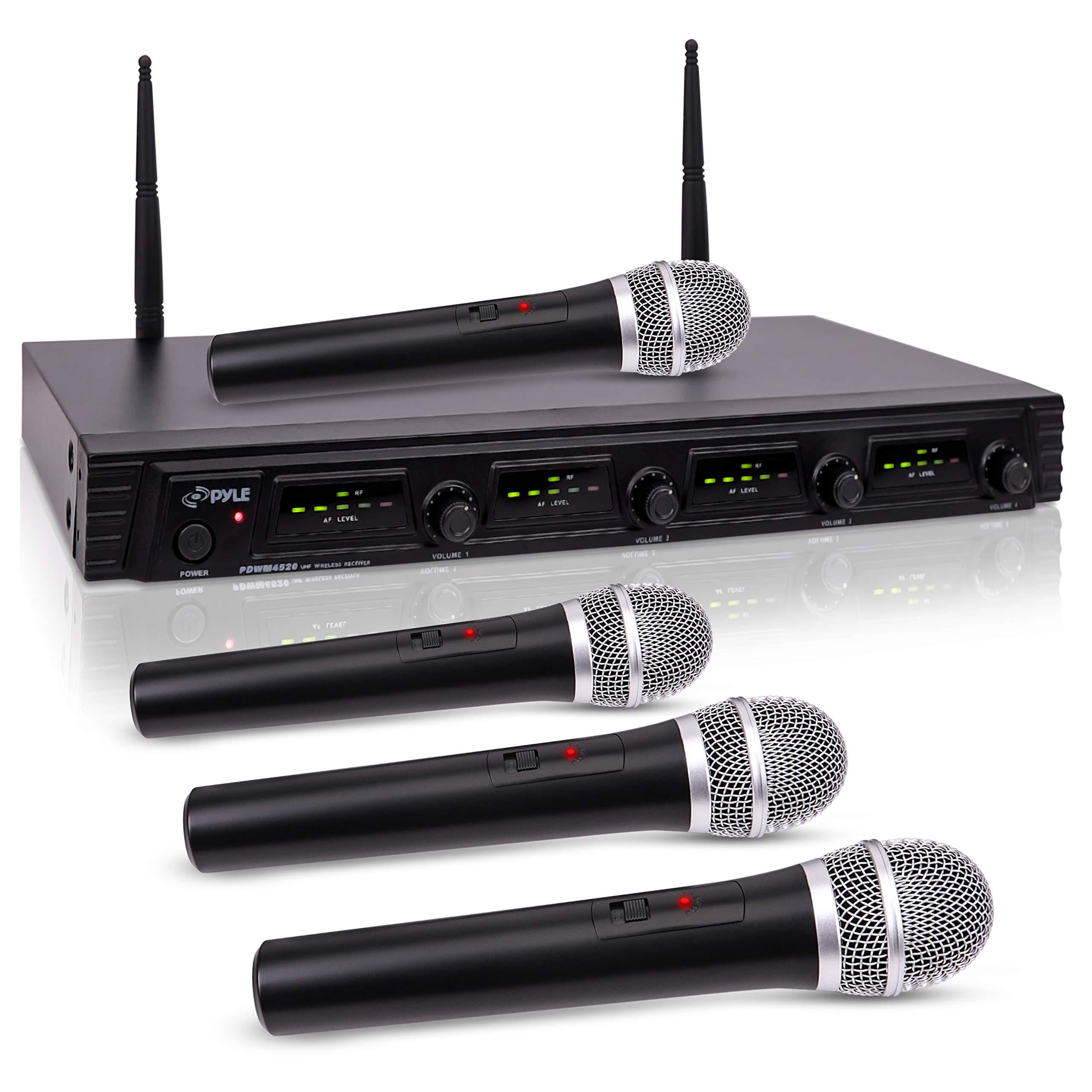 Pyle PDWM4520 UHF Quad-Channel Fixed-Frequency Wireless 4 Microphone System
