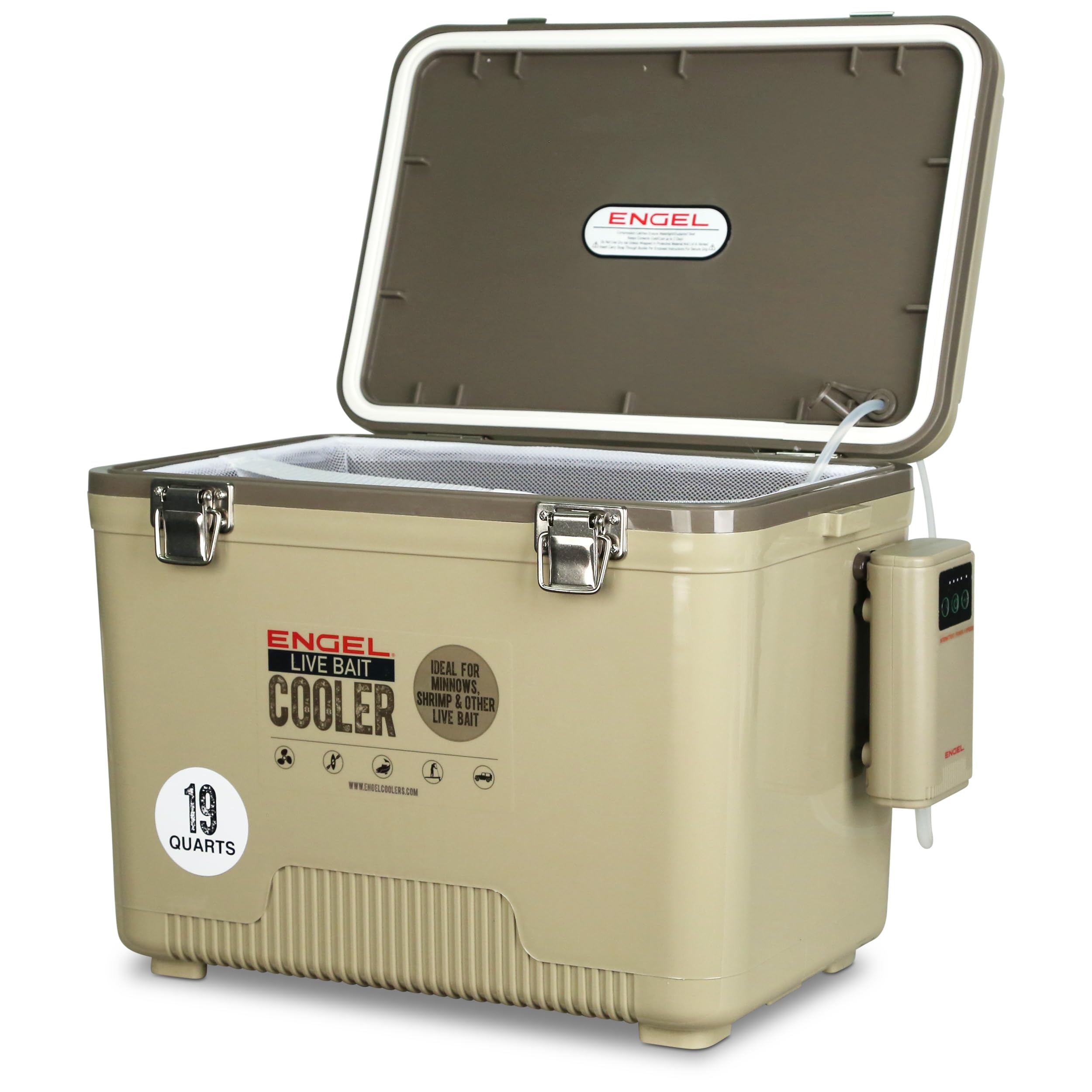 ENGEL 19 Quart Live Bait Cooler PRO for Fishing - Portable Minnow and Bait Bucket with Lithium-Ion Rechargeable Aerator - Tan (19Qt)