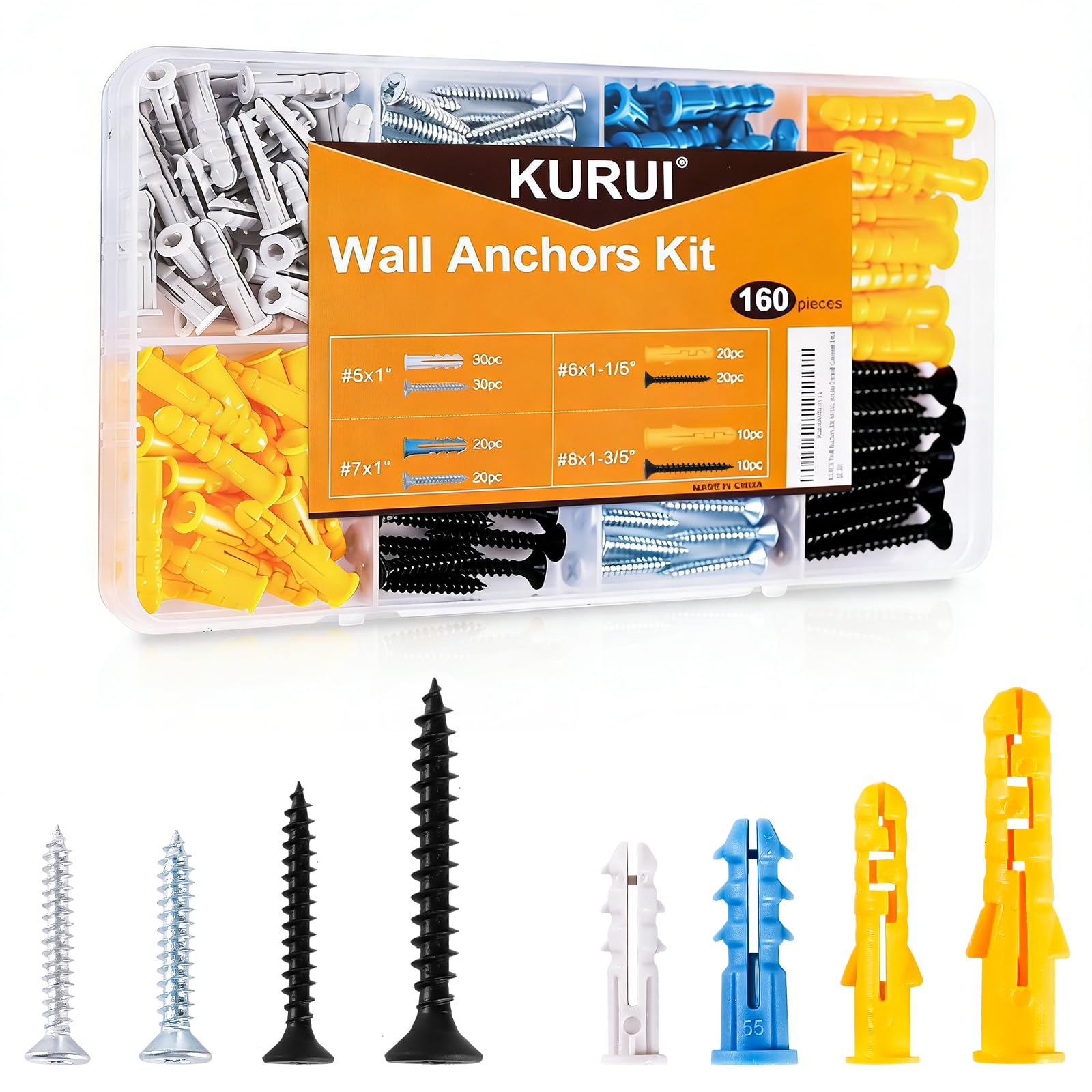 KURUI Drywall Anchors and Screws Assortment Kit, 160Pcs Dry Wall Anchors