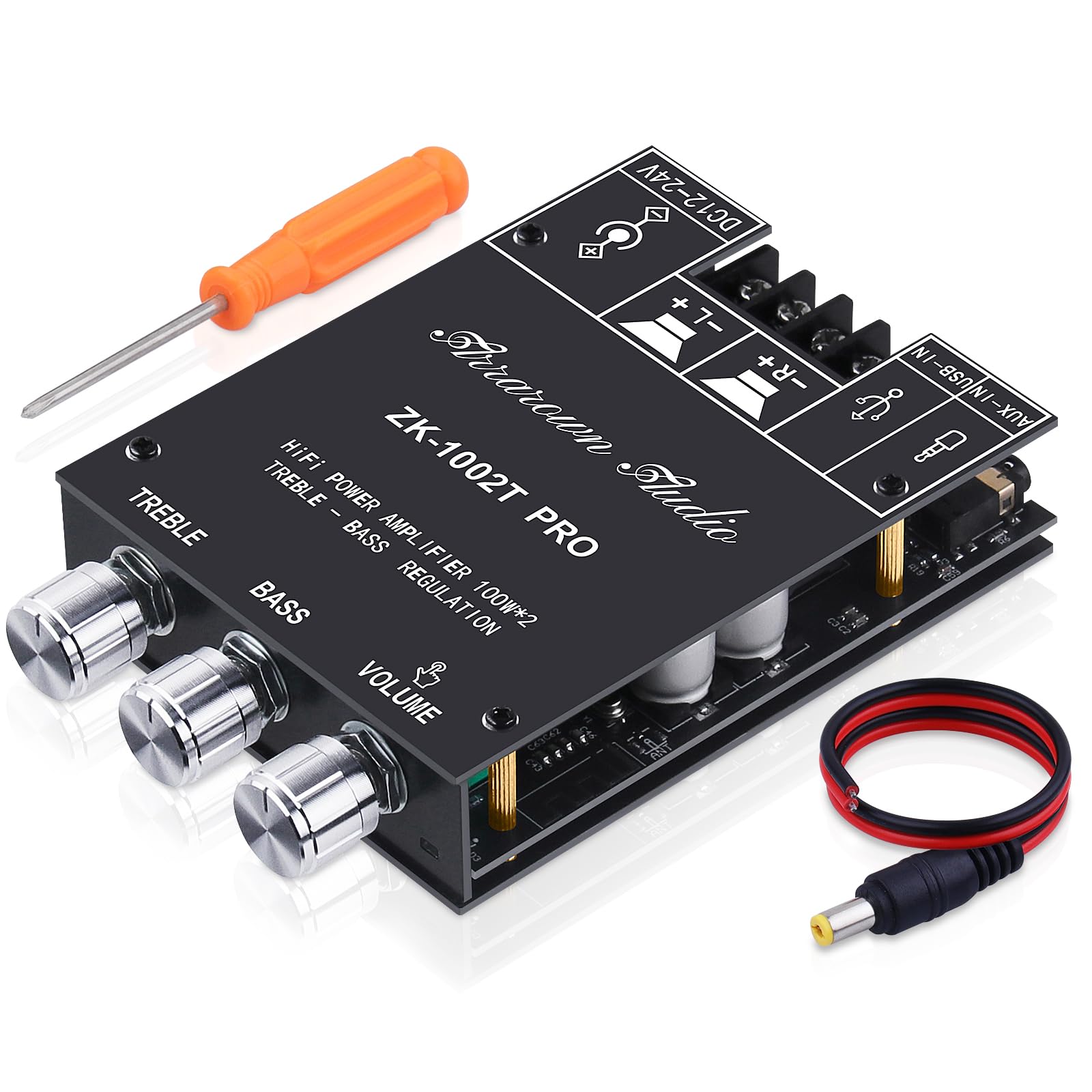 ARRAROWN ZK-1002T RPO 2.0 Channel Bluetooth 5.0 Amplifier Board 200W HiFi Subwoofer Audio AMP with Treble and Bass, BT USB and AUX Inputs, DC 12-24V 2.0 Channel Stereo AMP Module for DIY Speakers