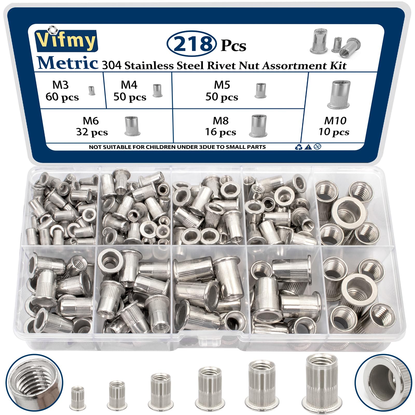 Vifmy M3-M10 Rivet Nut Assortment Kit 218 Pcs 304 Stainless Steel Rivnuts