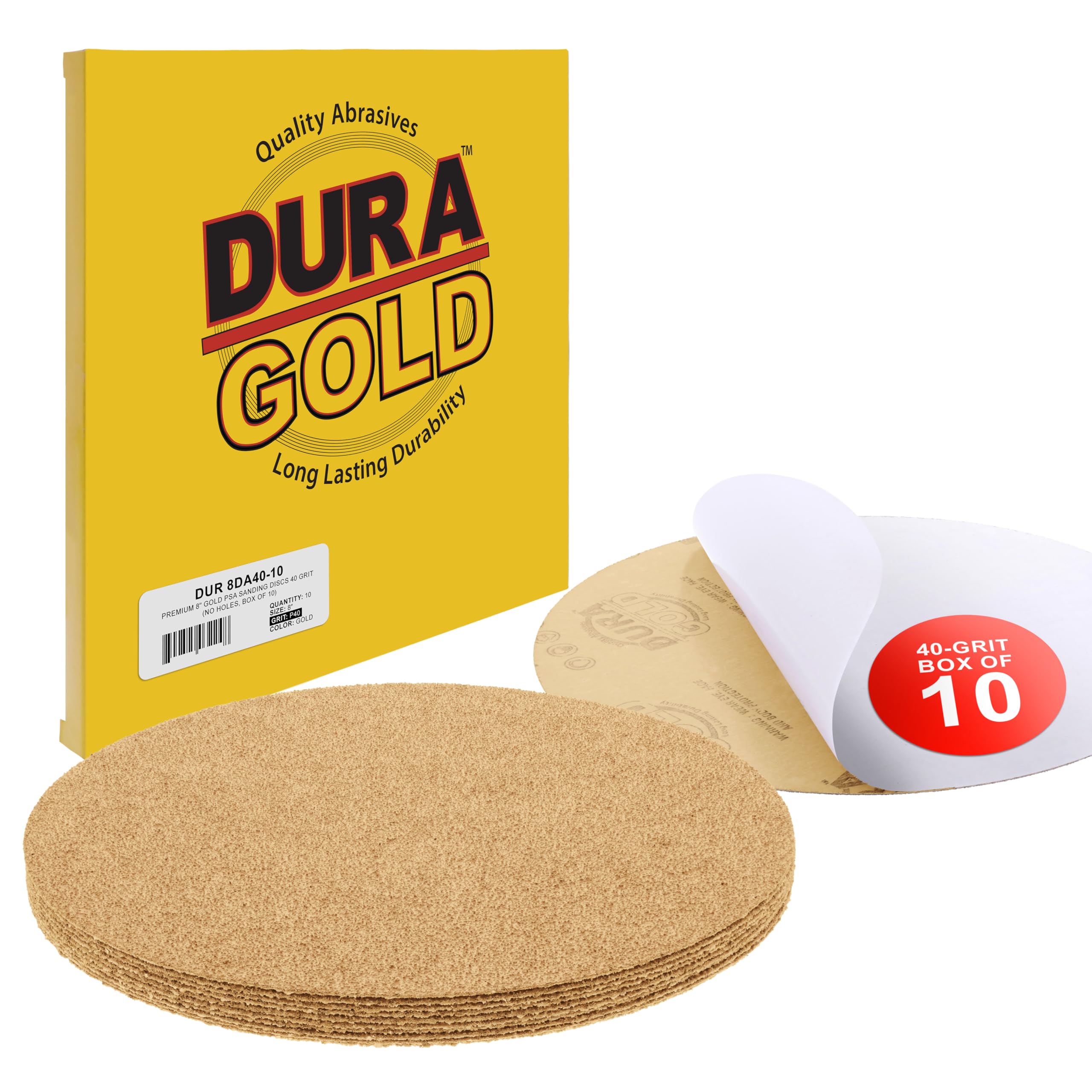 Dura-Gold Premium 8" Gold PSA Sanding Discs - 40 Grit (Box of 10) - Self Adhesive Stickyback Sandpaper for DA Sander, Finishing Coarse-Cut Abrasive - Sand Automotive Car Paint, Woodworking Wood, Metal