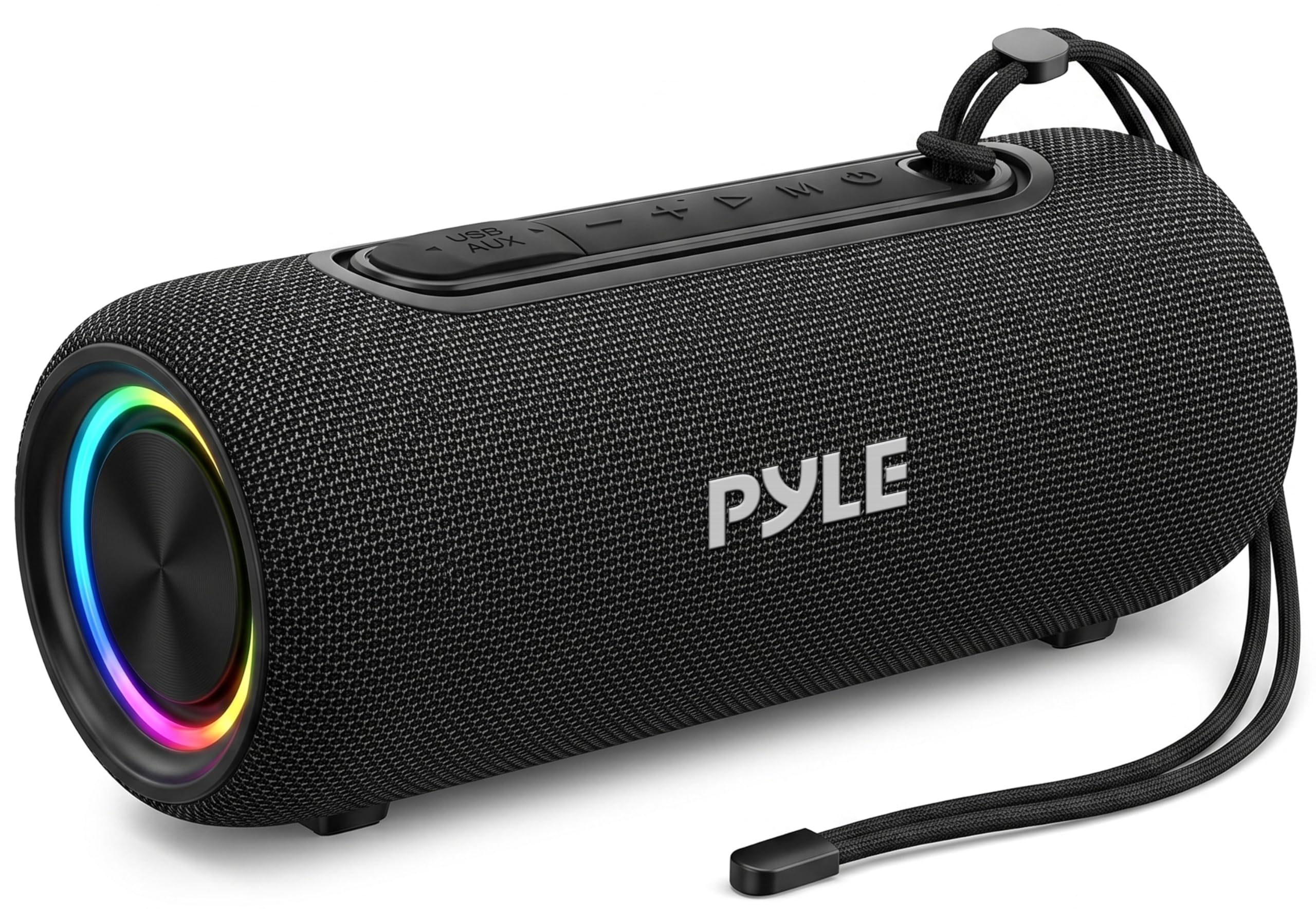 Pyle Portable Bluetooth Speaker - IPX5 Waterproof, Multi-Color LED, TWS Stereo Pairing, USB/AUX/FM, 20W Peak Power, 5H Battery, Built-In Mic, Shockproof ABS Design - Outdoor, Travel, Home