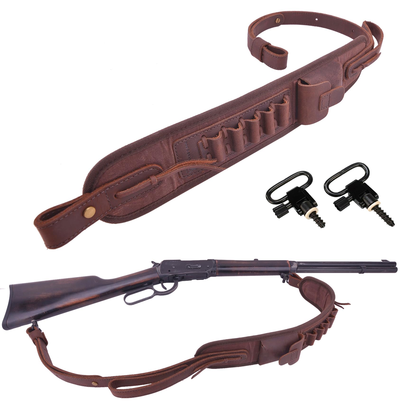Leather Ammo Holder Rifle Sling Hunting Gun Strap for 30/30 .357 .45 .45-70 .22 12GA 20GA (Coffee with Swivels, .308 .30-06 .45-70)