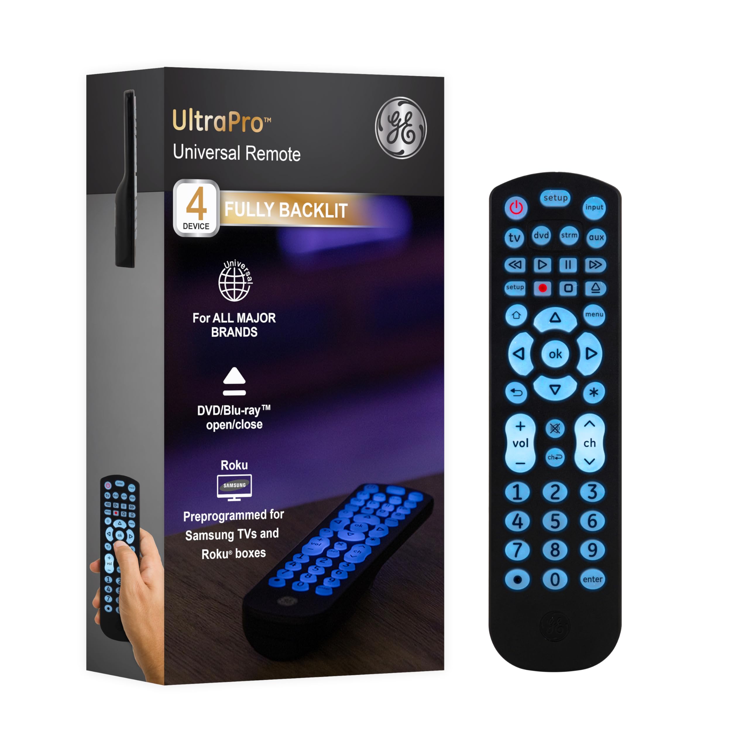 GE Backlit Buttons Universal Remote Control, Samsung TV Remote Control Replacement, Samsung Remote Control for Smart TV, Roku Remote Replacement, Vizio, LG TV, Sony, 4-Device, Black, 40081