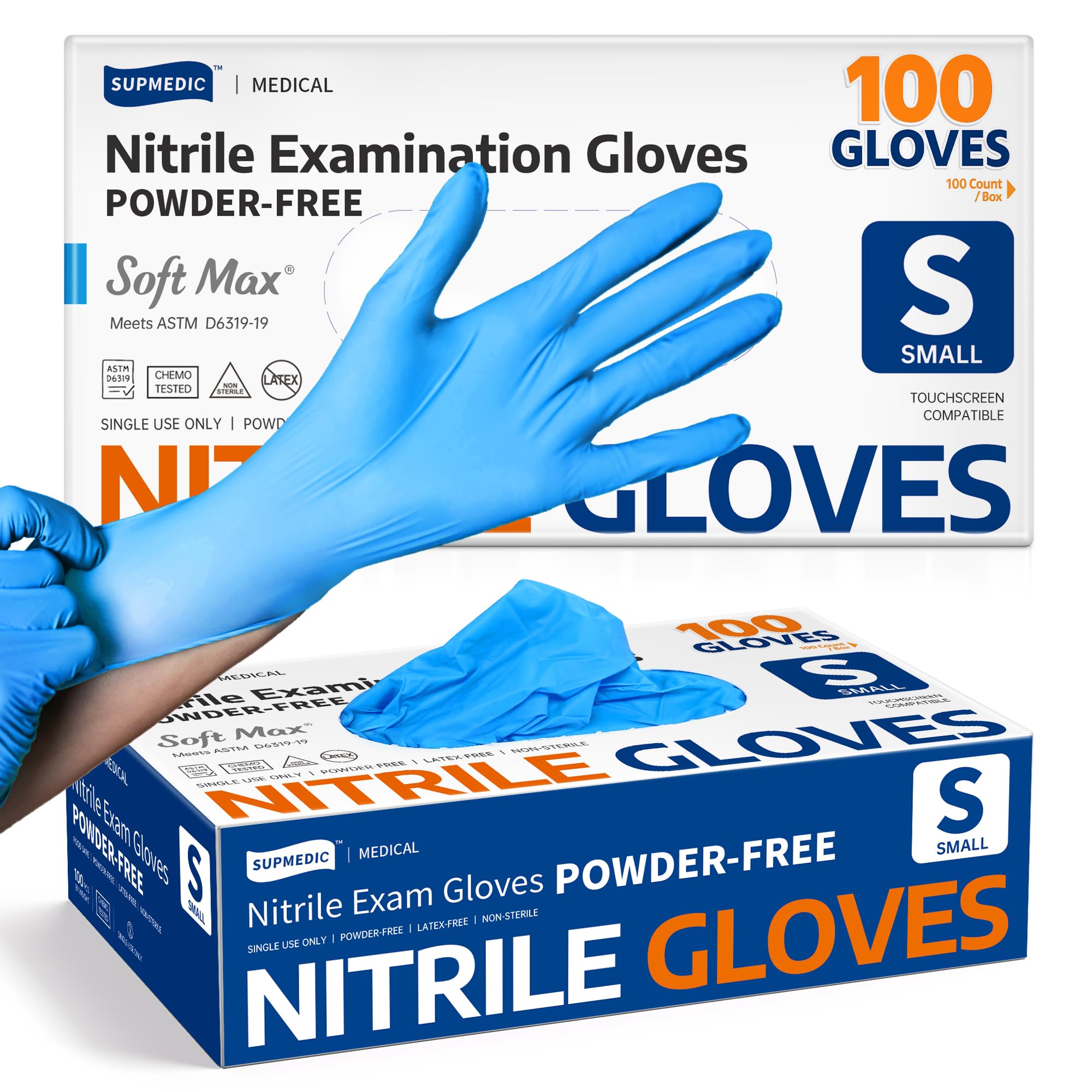 Supmedic Soft Max Medical Nitrile Exam Gloves Powder-Free Blue 100 Pcs (S)