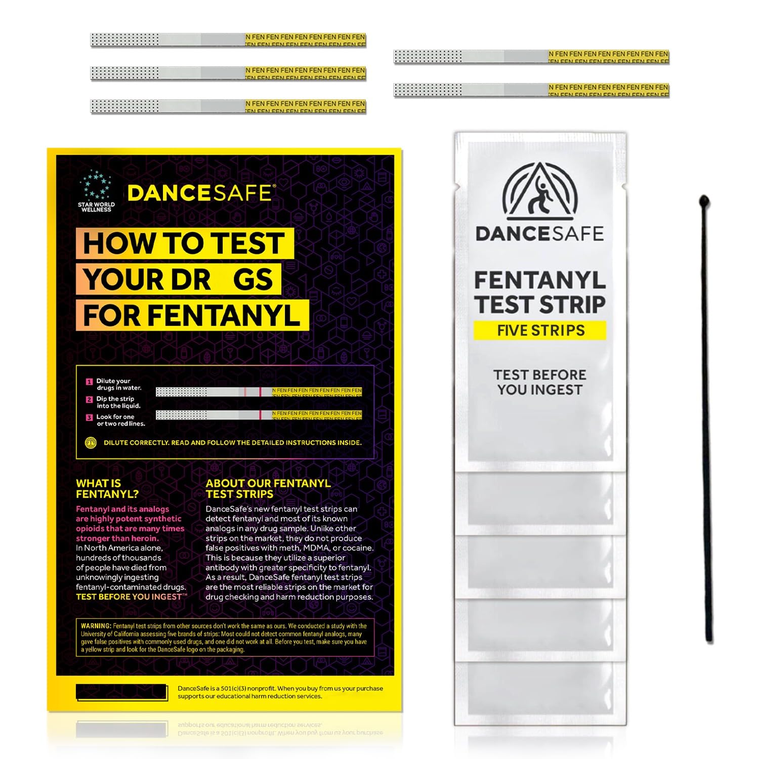 Star World Wellness Fentanyl Test Strips Kit with Quick Results, 5 Pack, Testing for Liquid and Powder Substances, Rapid Response for Liquids, Powders and Pills, 10mg Micro Scooper Included