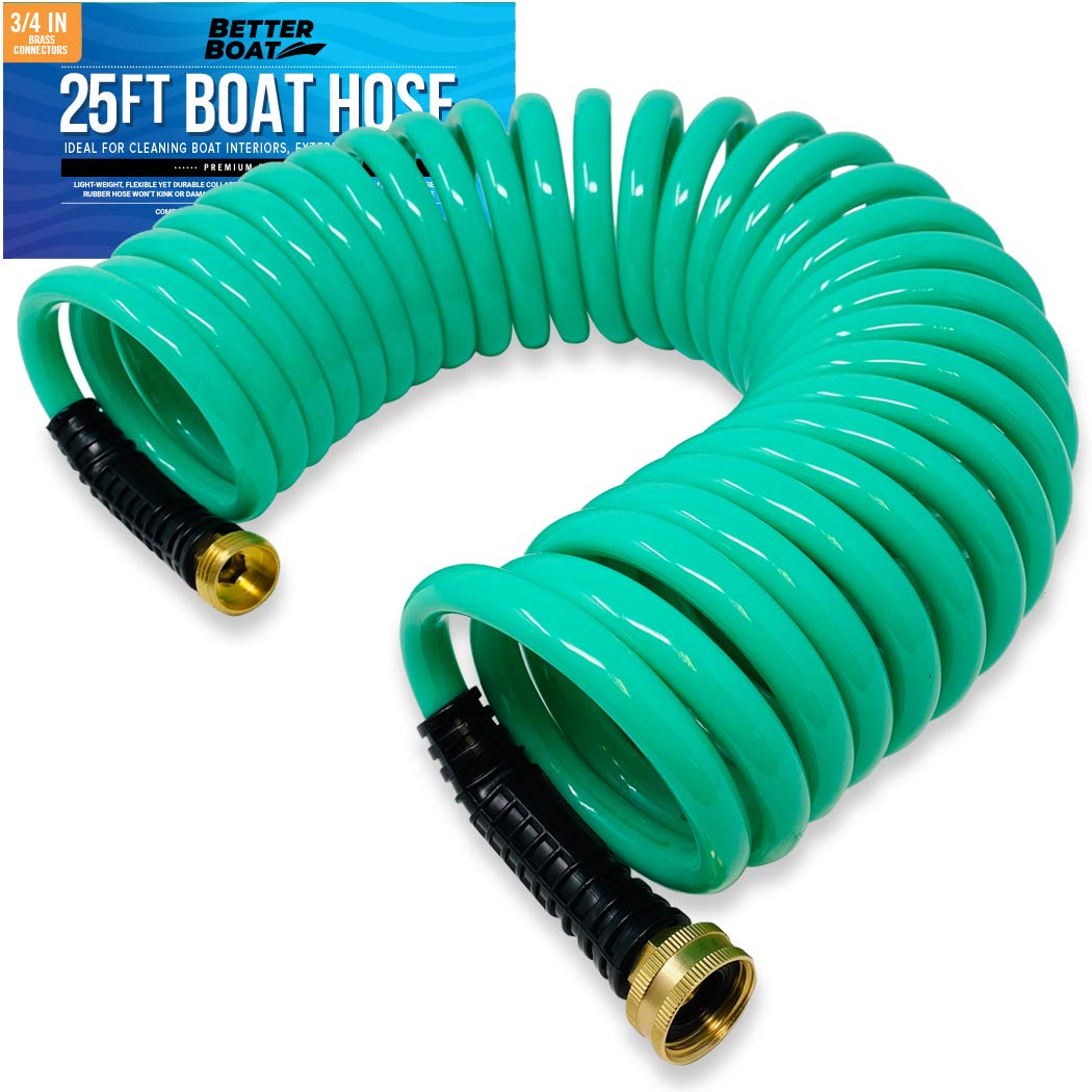 25FT Coiled Boat Hose, Expandable Coil Water Hose, Marine Grade 3/4 Inch Connectors, Perfect for RV Wash, Garden, and Marine Washdown, Self-Recoil Design, 25 Foot Length