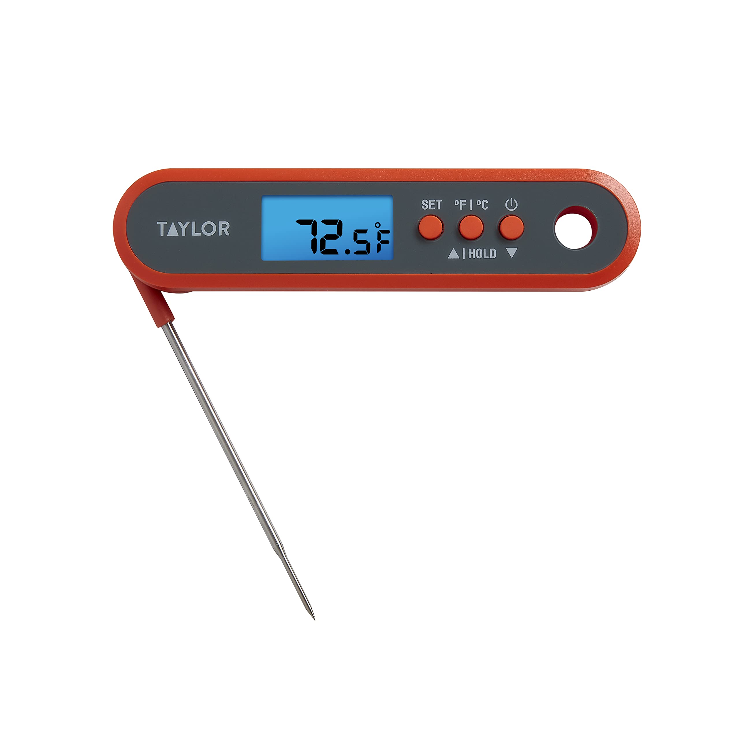 Taylor Digital Waterproof Meat Thermometer for GLP-1 High Protein Meal Prep – Folding Probe for Chicken, Salmon, Steak – Programmable Presets, Backlit Display for Oven, Grill, Orange