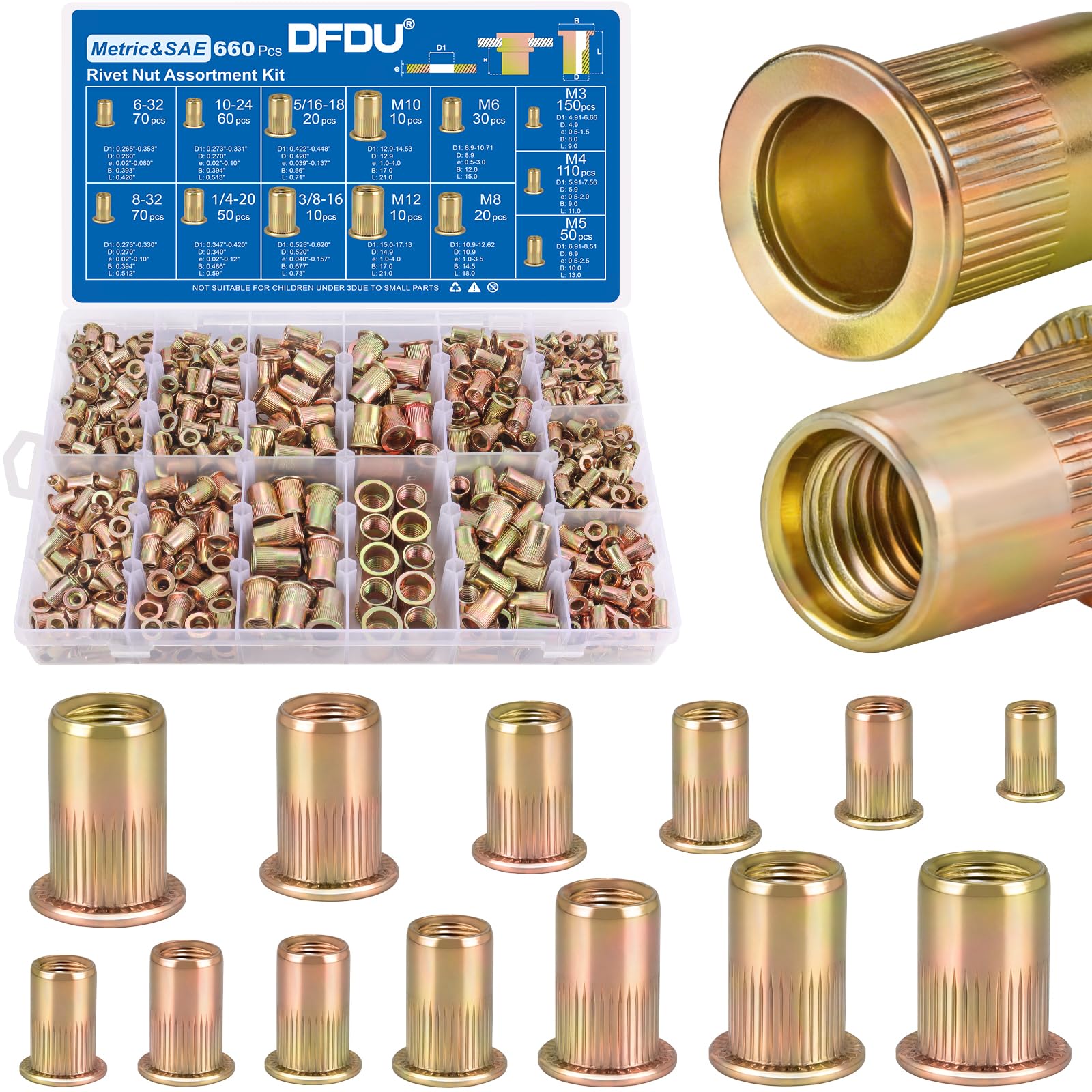 DFDU 660Pcs Metric & SAE Rivet Nut Kit Threaded Nutserts Set