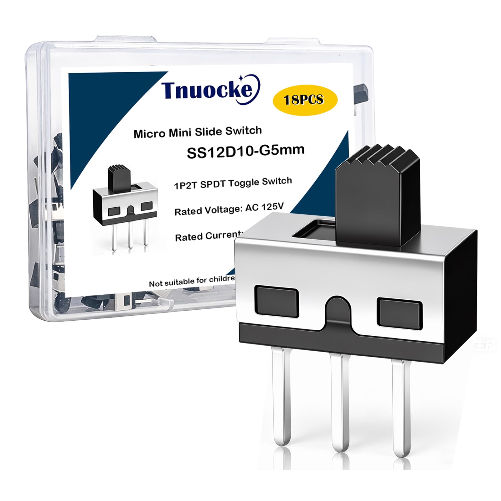 Tnuocke 18PCS 5mm High Knob Vertical Micro Mini Slide Switchs,3 Pin 2 Position 1P2T SPDT Toggle Switches Panel Mount AC 125V 2A SS12D10-G5