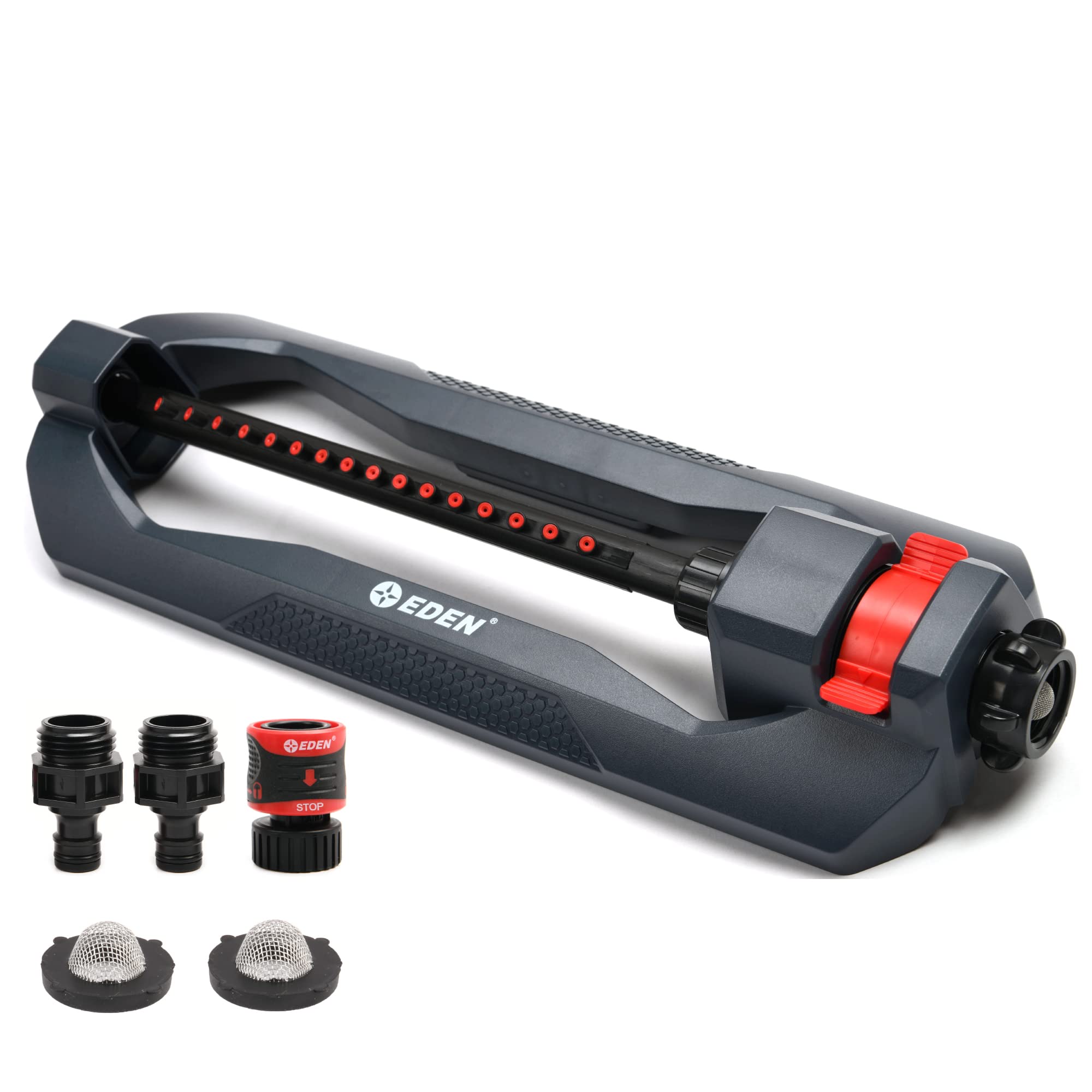 Eden 96213EDAMZ Weighted Essential Oscillating Sprinkler | Covers Up to 3,600 sq. ft., 16 Precision Nozzles, Adjustable Range, Turbo Drive Motor, Quick Connect Bundle, Stainless Steel Filters, Black