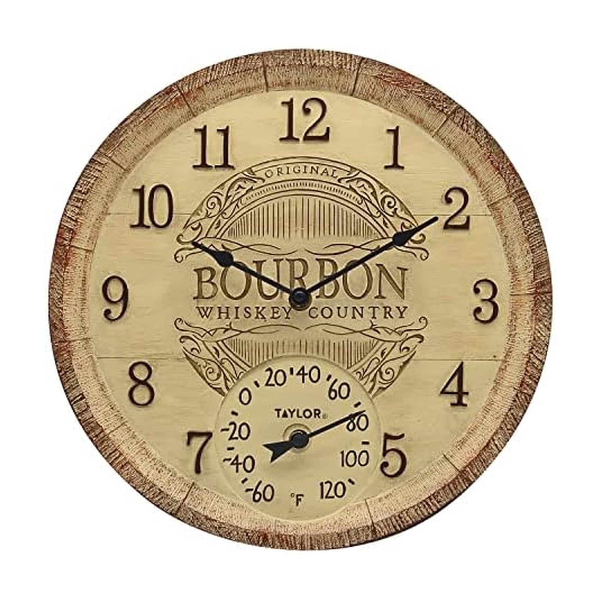 Taylor Precision Products 92693T 14-Inch Clock with Thermometer (Bourbon Barrel)