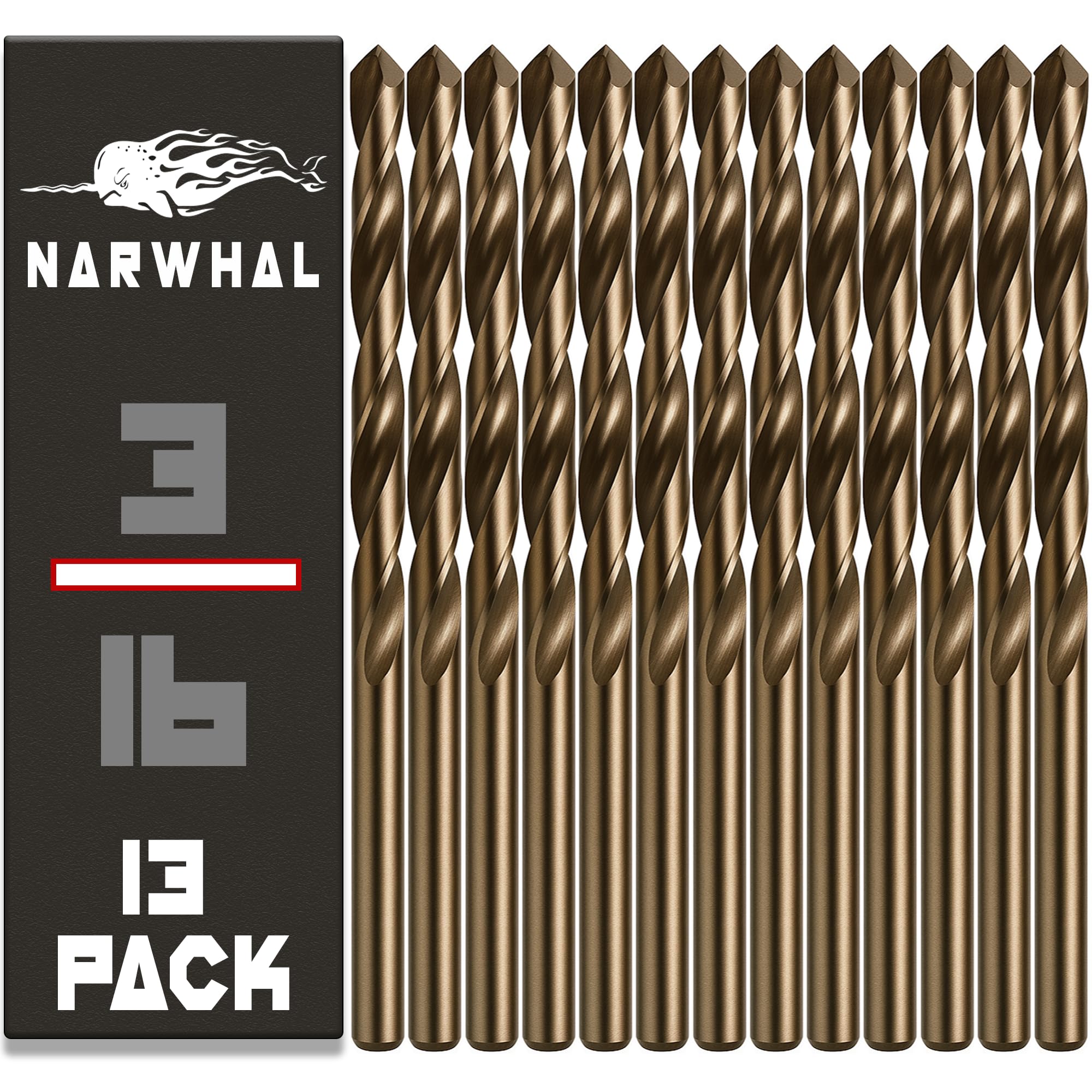 Narwhal 3/16 Inch Cobalt Drill Bits (13 Pack - Industrial Grade M35 Cobalt) 3-3/8" Length & 135 Degree Split Point for Drilling Into Metal, Hardened & Stainless Steel, Cast Iron, & More!