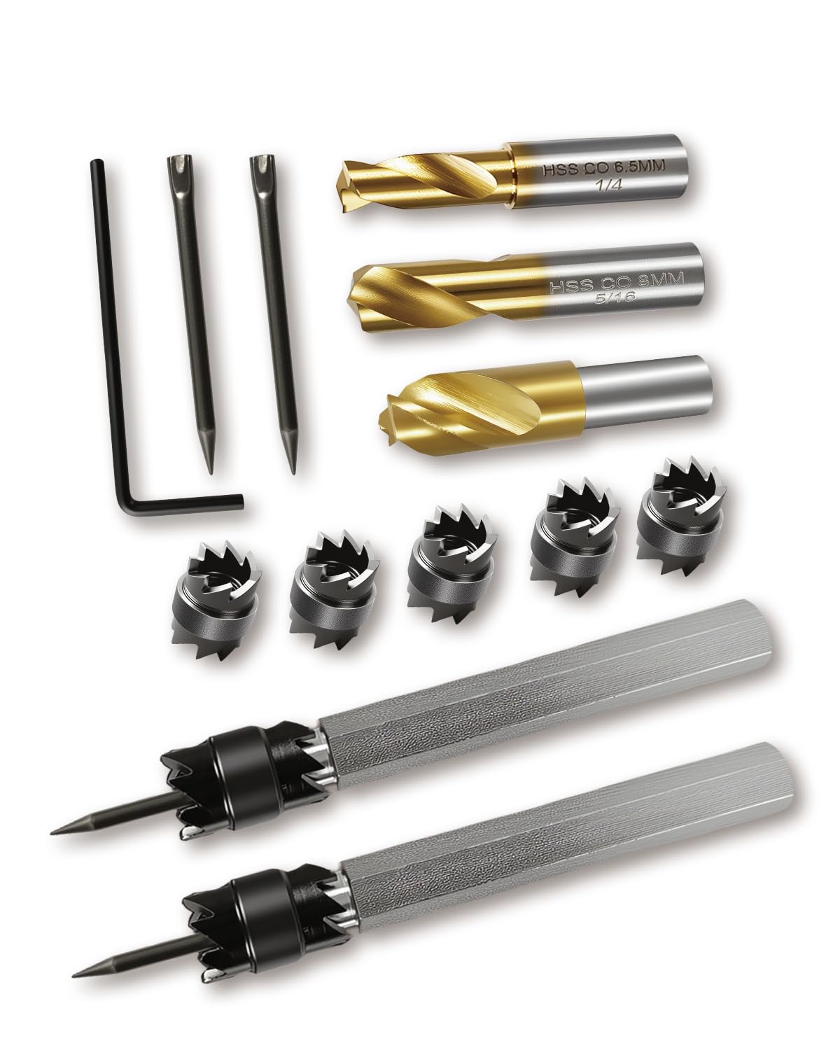 Spot Weld Cutter Sets Double Sided, 13 Pcs 3/8" and 5/16" HSS Spot Weld Cutter Remover Drill Bits with Hex Shank, Titanium Coated Cobalt Spot Weld Drill Bit Set Kit 6.5MM 8MM 10MM