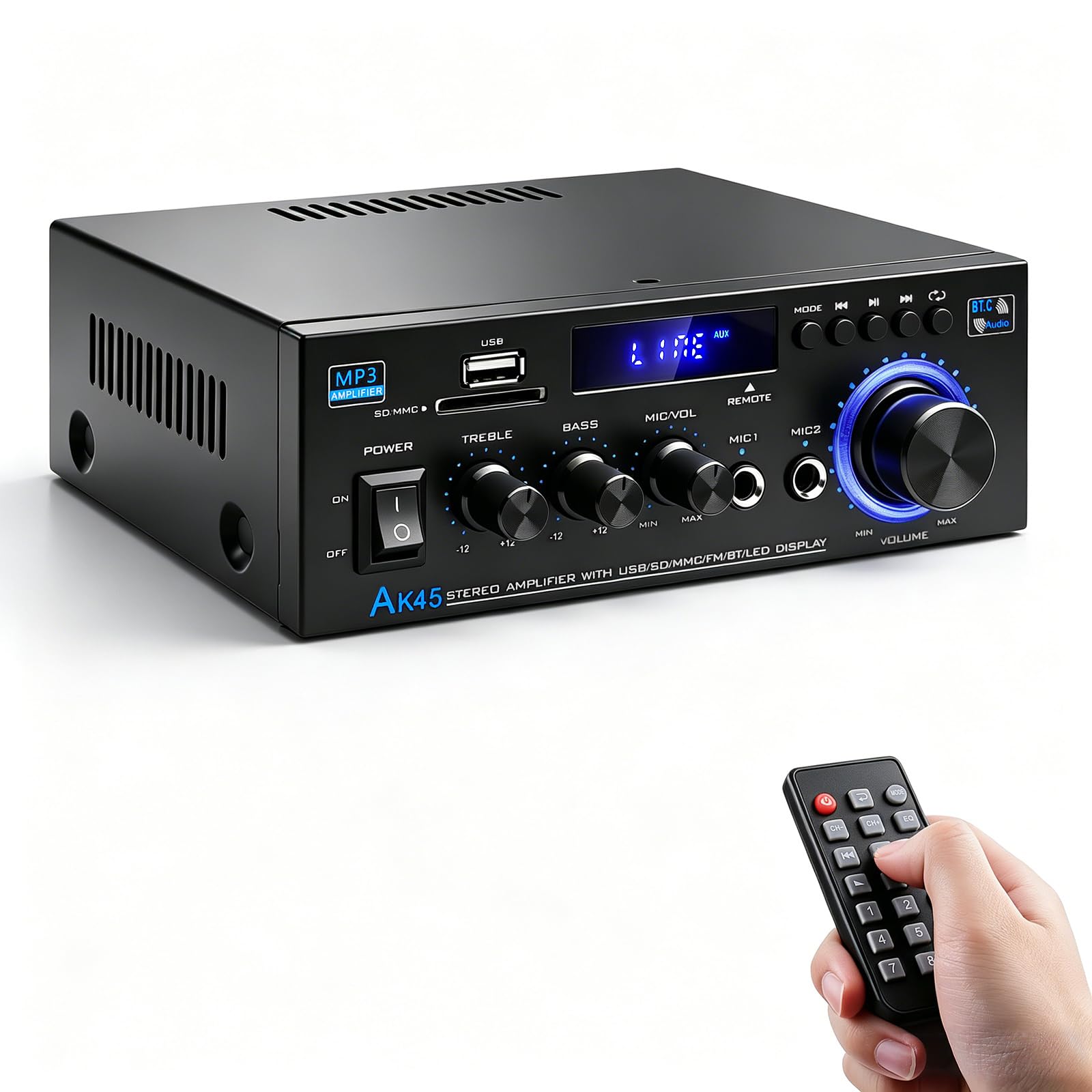 Bluetooth 5.0 Audio Amplifier Receivers-AK45 HiFi Stereo Mini Power Amplifier RMS 40W x 2 Max. 600W 2.0 Channel Home Theater Audio Components Speakers Amp W/MIC,USB, RCA,FM Radio