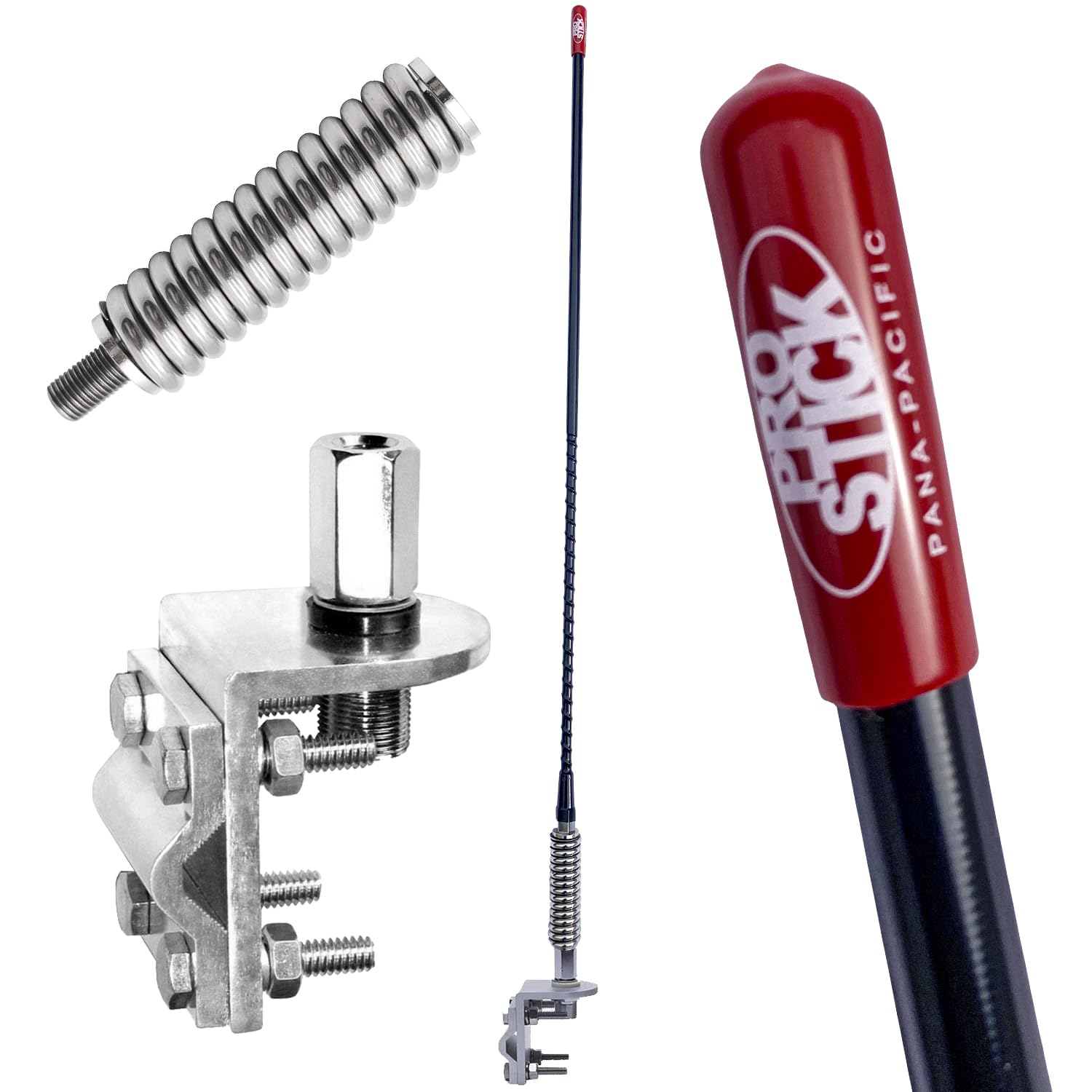 Prostick Fiberglass CB Antenna with Single Groove Mirror Mount & Stainless Steel Spring - 1000 Watt Durable Radio Antenna, Studs, Heavy Duty Springs – 2 Foot Antenna in Black Color