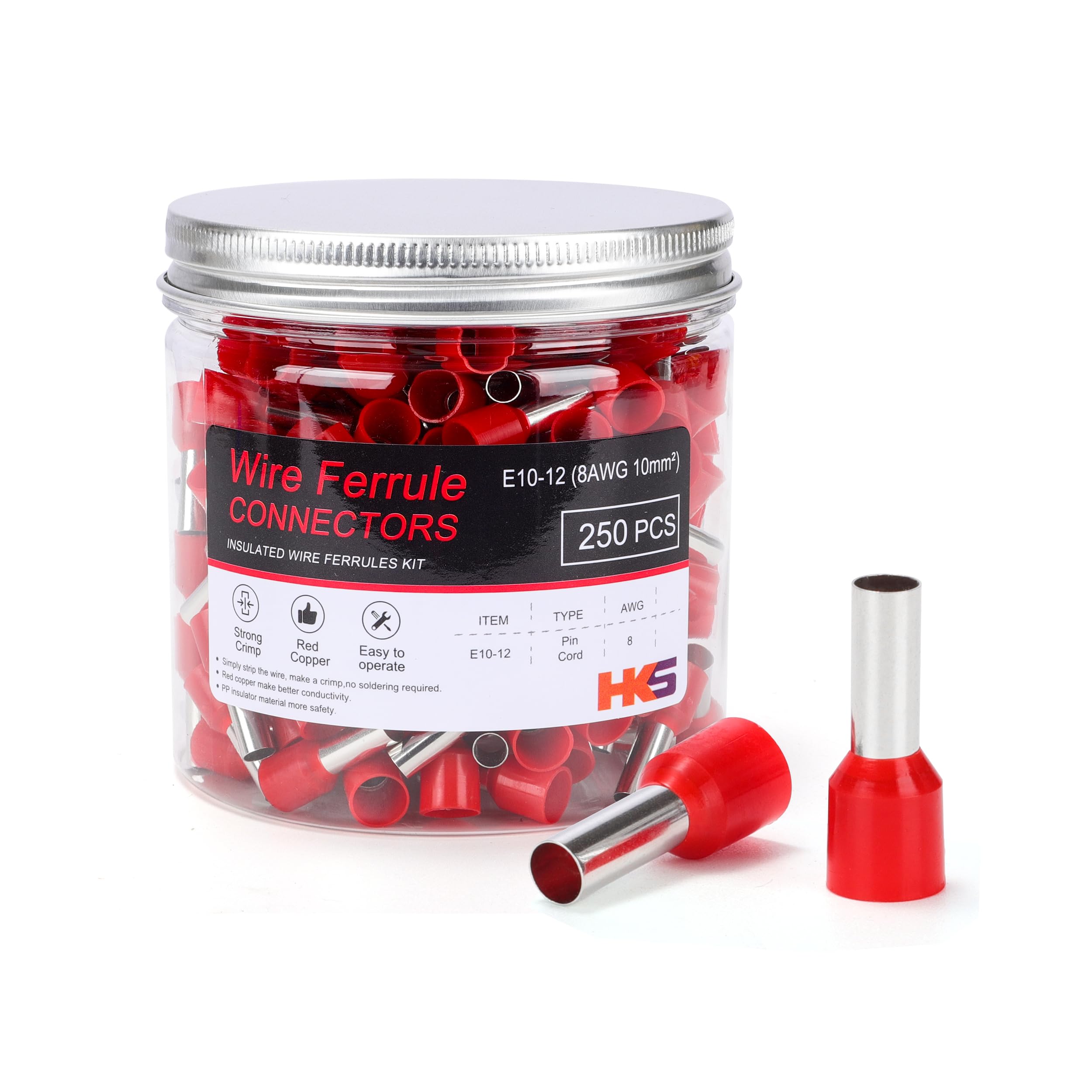 HKS 250PCS Wire Ferrule Connectors - AWG 8-10.0mm² Copper Barrel Pin Cord Ends Insulated Ferrules Terminals - E10-12 Red