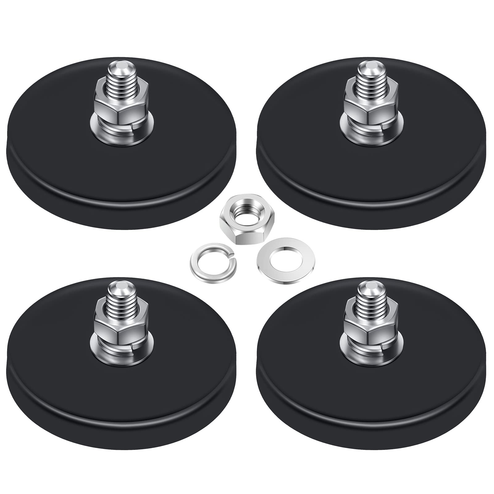 Flutesan Neodymium Magnet Rubber Coated Mounting Small Scratch Safe Black Stud Magnet Painted Surface Waterproof M6 Threaded with Bolts Nuts for Lighting Camera Tools(4 Packs,Black,1.69 Inch)