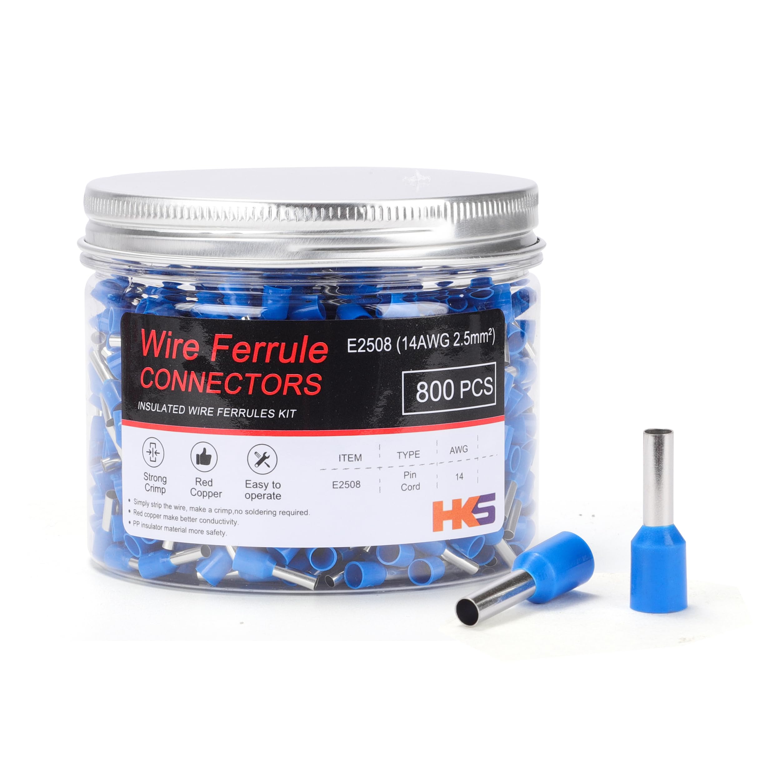HKS 800PCS Wire Ferrule Connectors - AWG 14-2.5mm² Copper Barrel Pin Cord Ends Insulated Ferrules Terminals - E2508 Blue