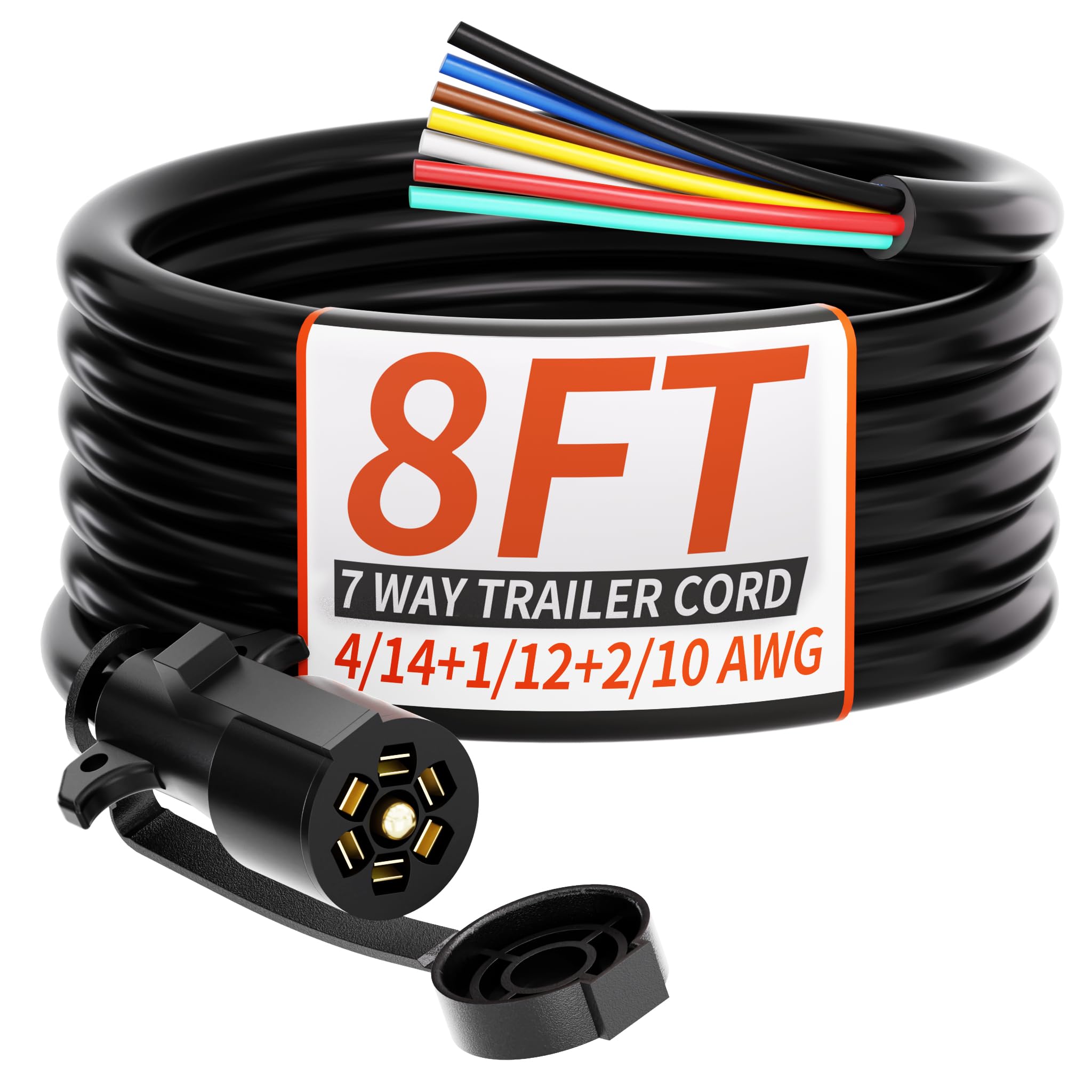 PlugSaf 8FT 7 Way Trailer Plug Heavy Duty 8 FT 4/14+1/12+2/10 AWG 7 Pin Trailer Wiring Harness Cord for Trailers, Campers, Food Trucks, Dining Trucks, Caravans, RVs and Other Towing Vehicles