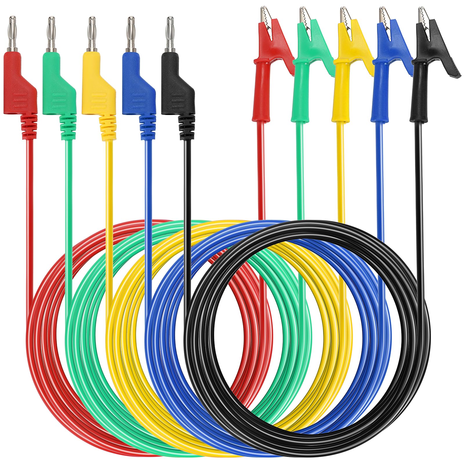 Sumnacon Multimeter Banana Plug to Crocodile Alligator Clip Test Probe, 5PC 4mm Stackable Colorful Silicone Banana Plug to Alligator Clip Test Probe Lead Wire Cable 6.6Ft/2M
