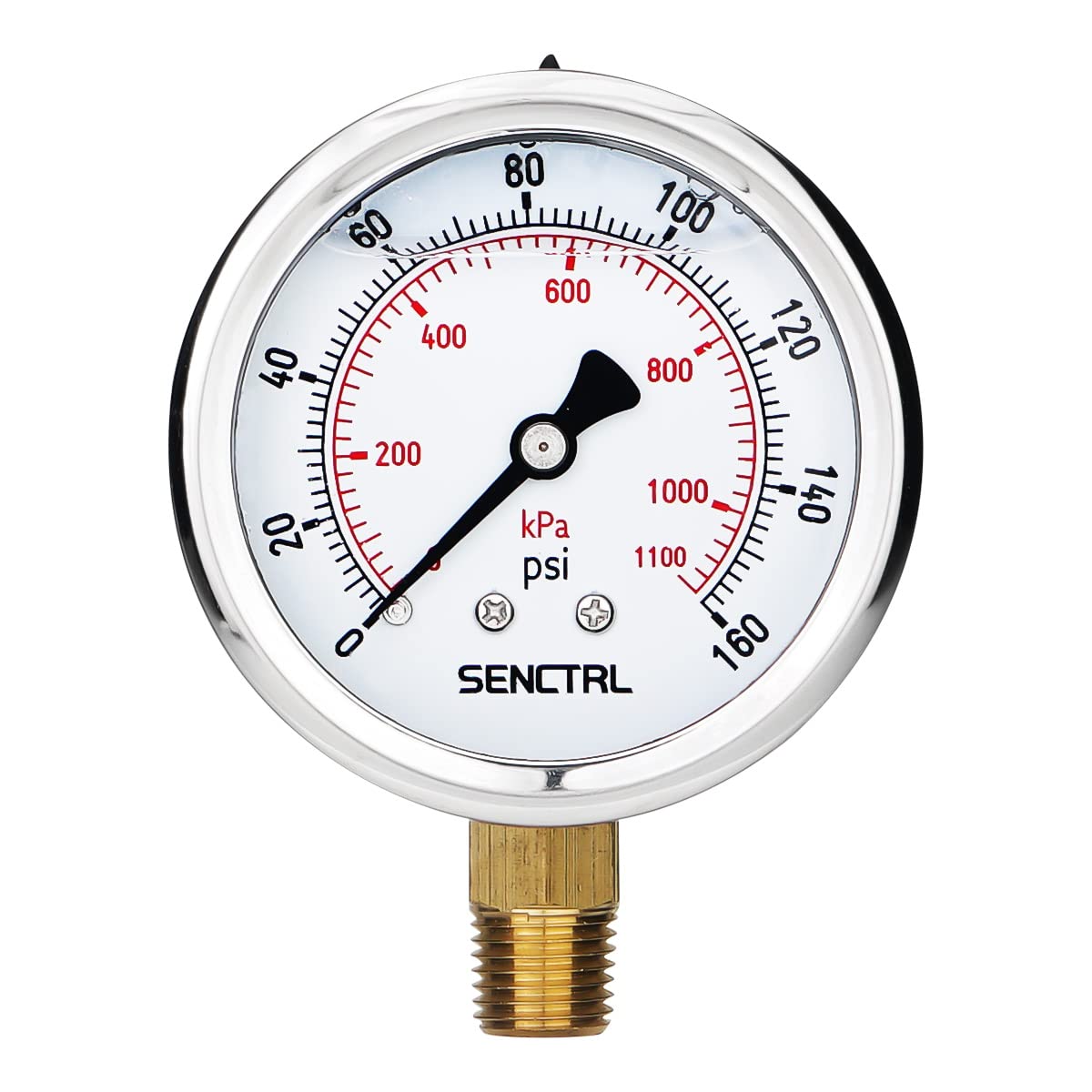 SENCTRL 0-160 Psi Liquid Filled Air Pressure Gauge, 1/4" NPT Lower Mount