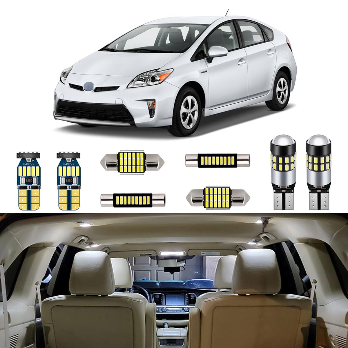AUTOGINE 10 Piece White LED Interior Light Kit for Toyota Prius 2010 2011 2012 2013 2014 2015 Super Bright 6000K Interior LED Lights Bulb Package + Install Tool